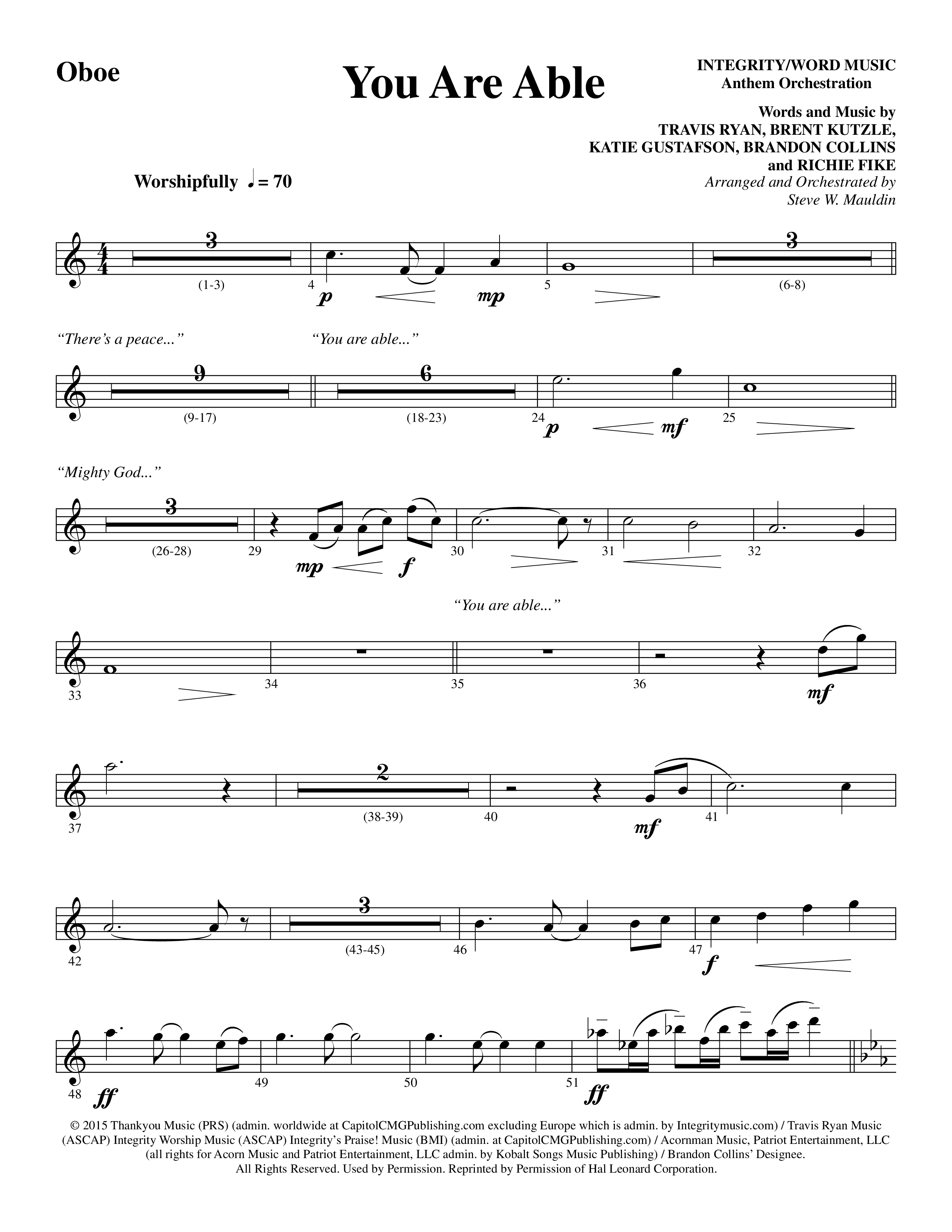 You Are Able (Choral Anthem SATB) Oboe (Word Music Choral / Arr. Steve Mauldin)