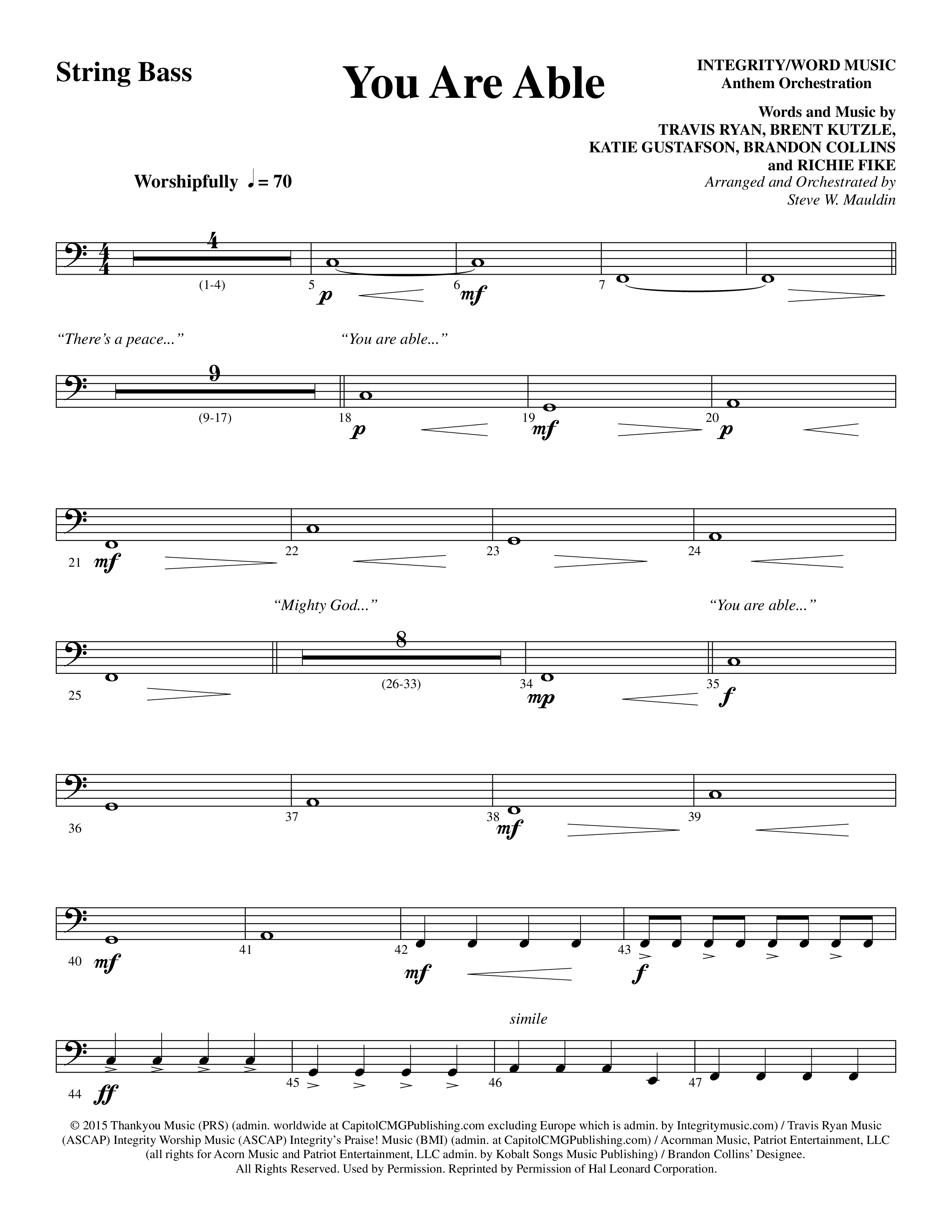 You Are Able (Choral Anthem SATB) String Bass (Word Music Choral / Arr. Steve Mauldin)