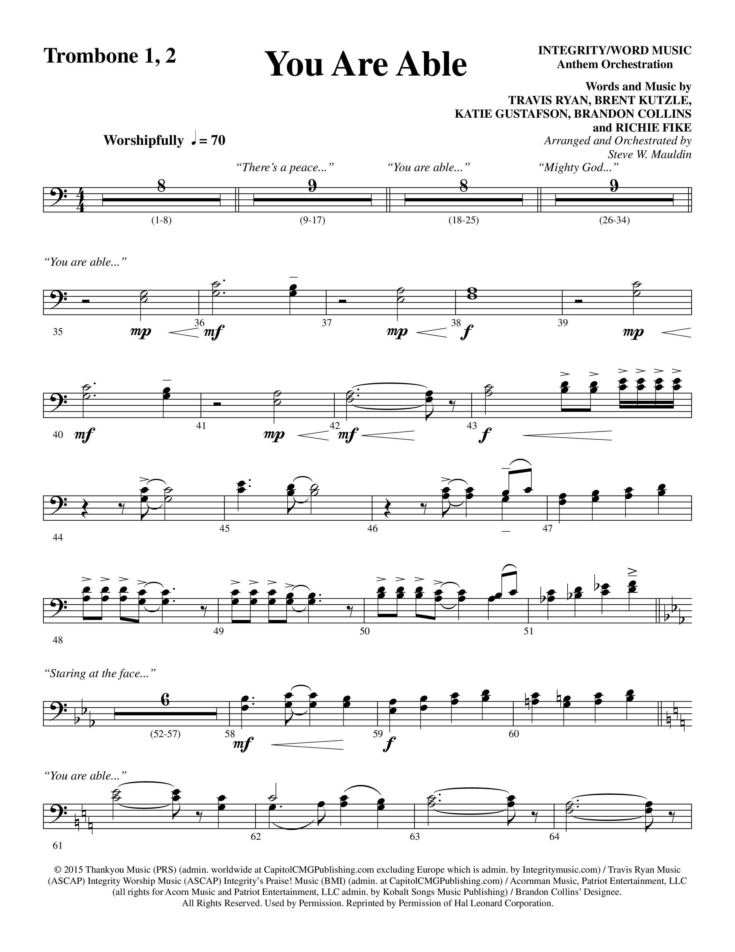 You Are Able (Choral Anthem SATB) Trombone 1/2 (Word Music Choral / Arr. Steve Mauldin)