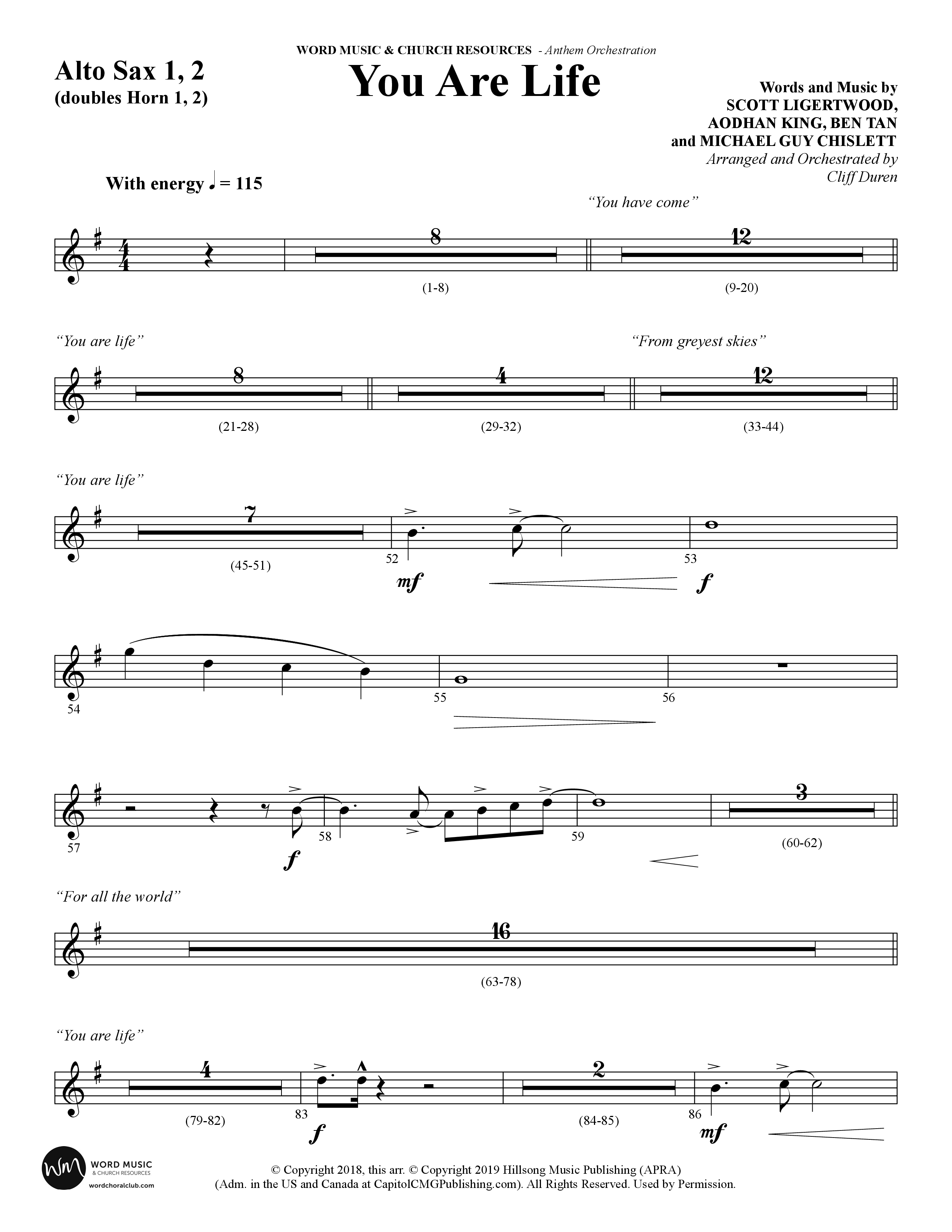 You Are Life (Choral Anthem SATB) Alto Sax 1/2 (Word Music Choral / Arr. Cliff Duren)
