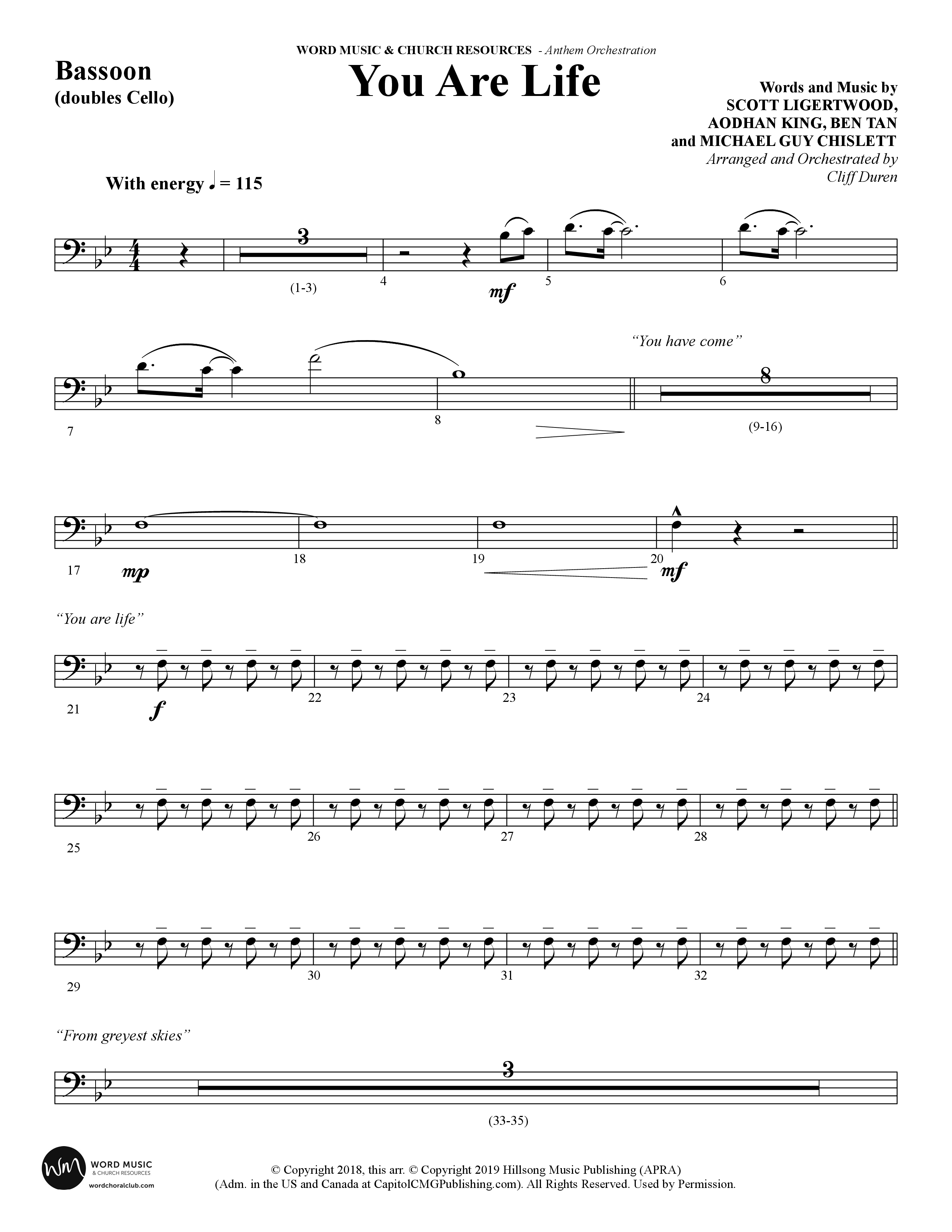 You Are Life (Choral Anthem SATB) Bassoon (Word Music Choral / Arr. Cliff Duren)