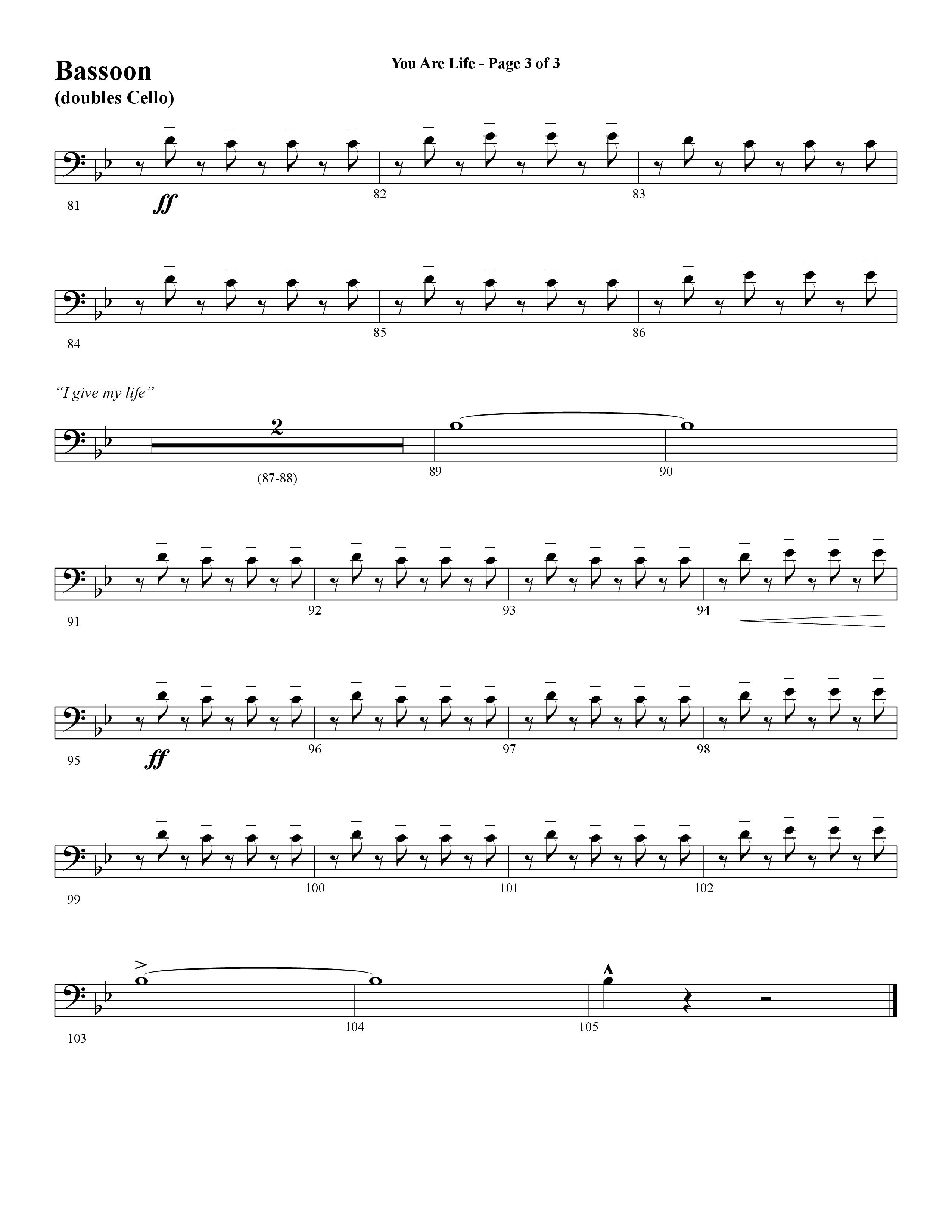 You Are Life (Choral Anthem SATB) Bassoon (Word Music Choral / Arr. Cliff Duren)