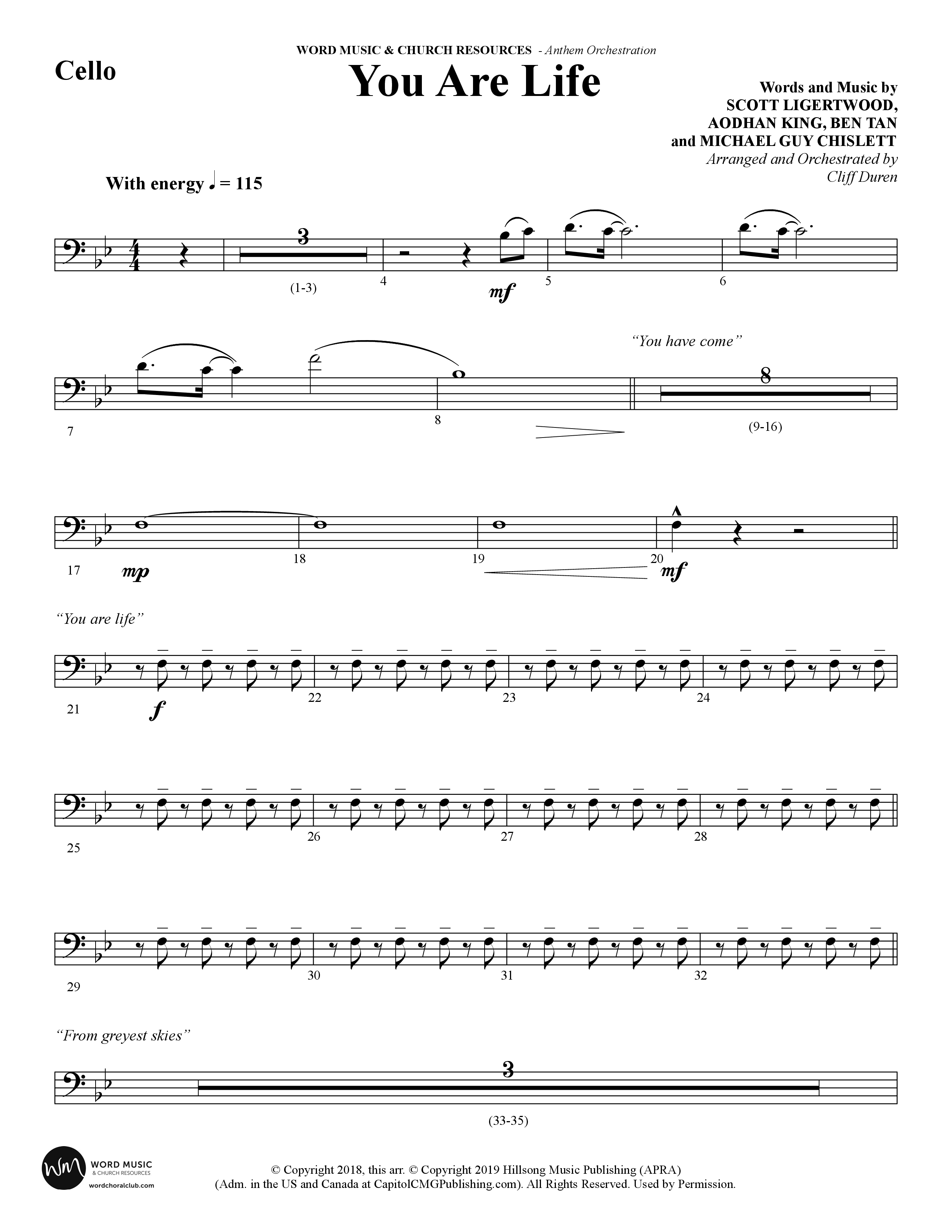 You Are Life (Choral Anthem SATB) Cello (Word Music Choral / Arr. Cliff Duren)