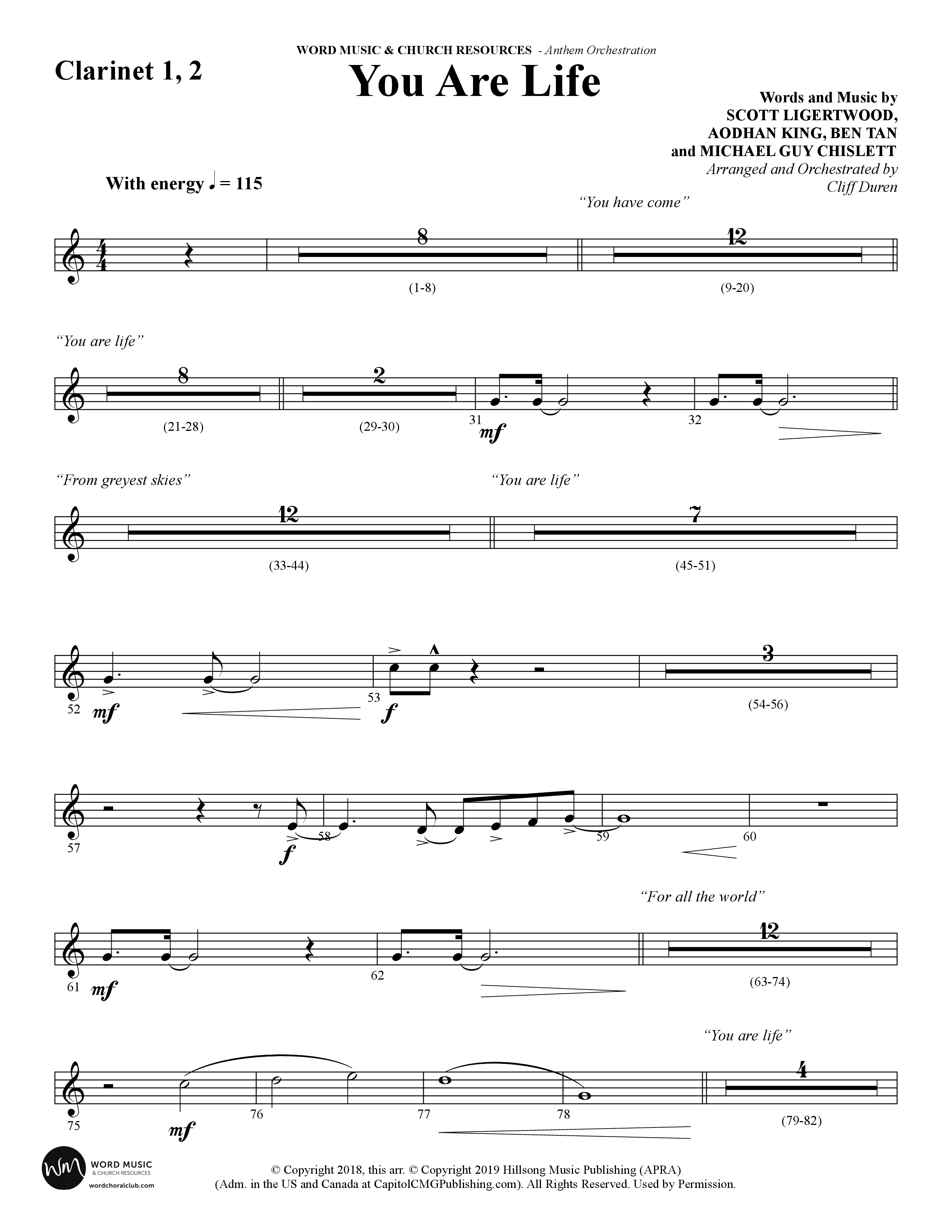 You Are Life (Choral Anthem SATB) Clarinet 1/2 (Word Music Choral / Arr. Cliff Duren)