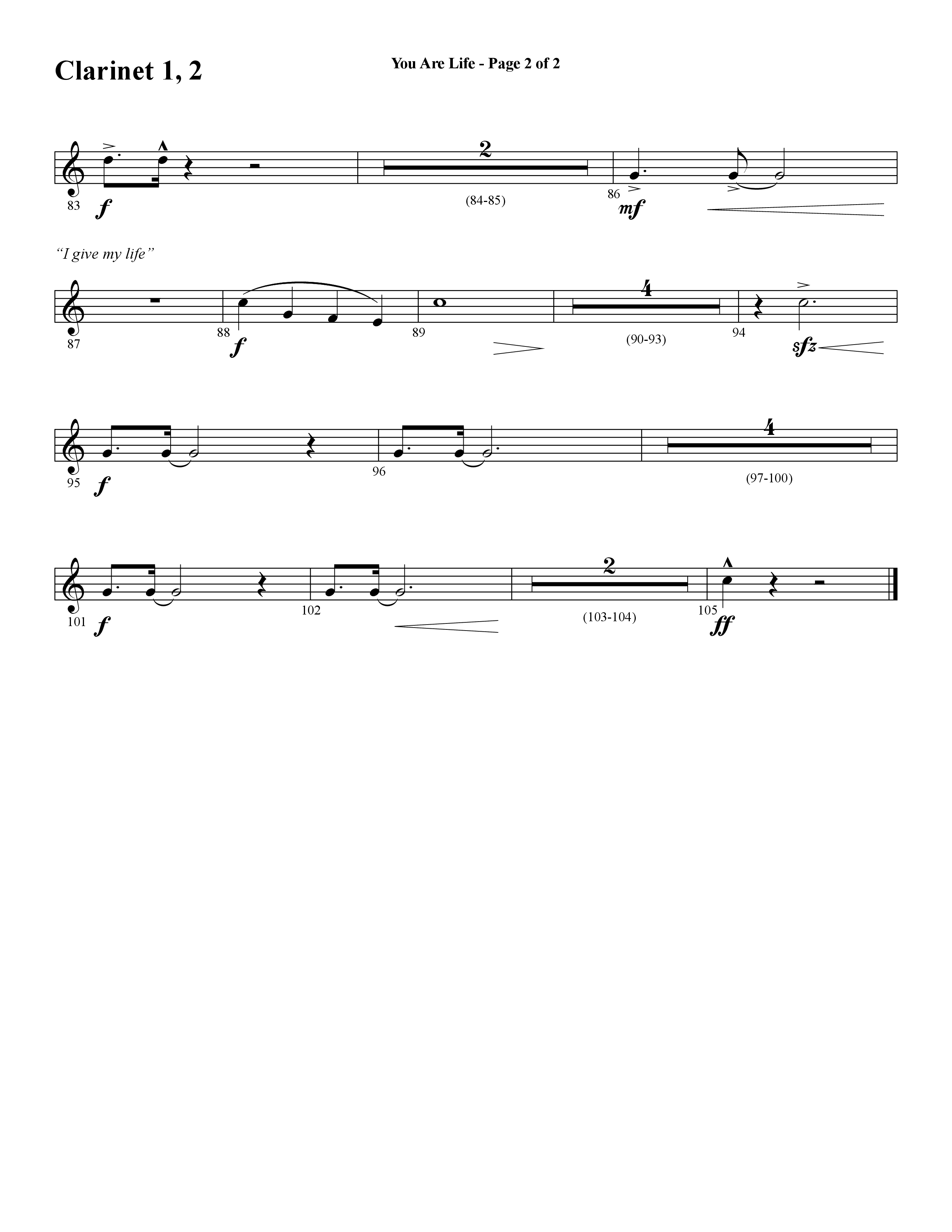 You Are Life (Choral Anthem SATB) Clarinet 1/2 (Word Music Choral / Arr. Cliff Duren)
