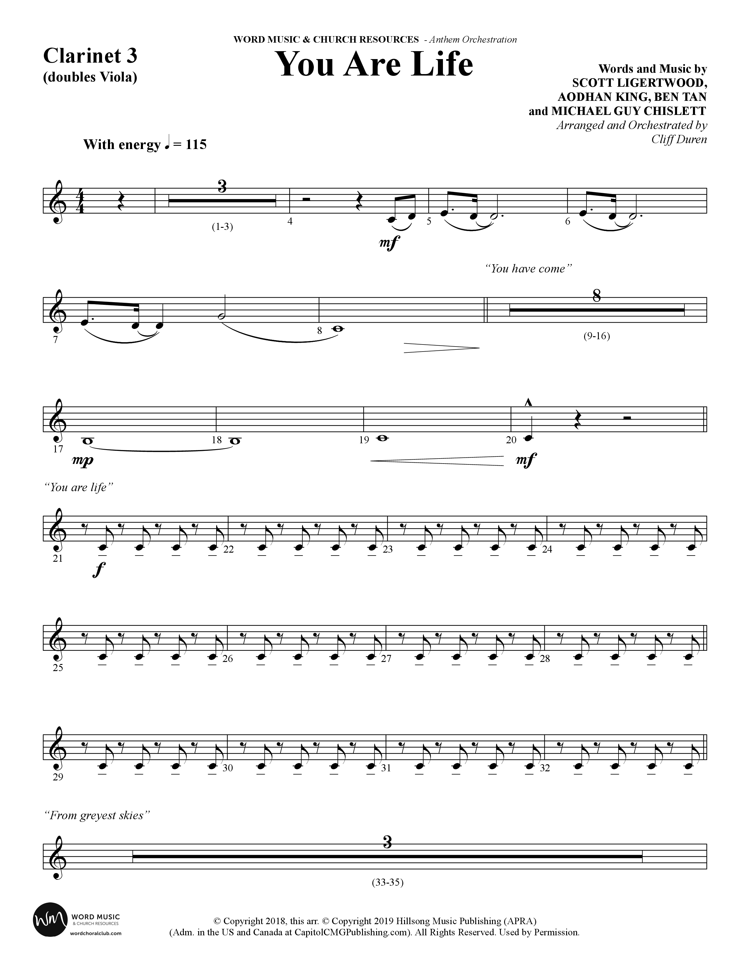 You Are Life (Choral Anthem SATB) Clarinet 3 (Word Music Choral / Arr. Cliff Duren)