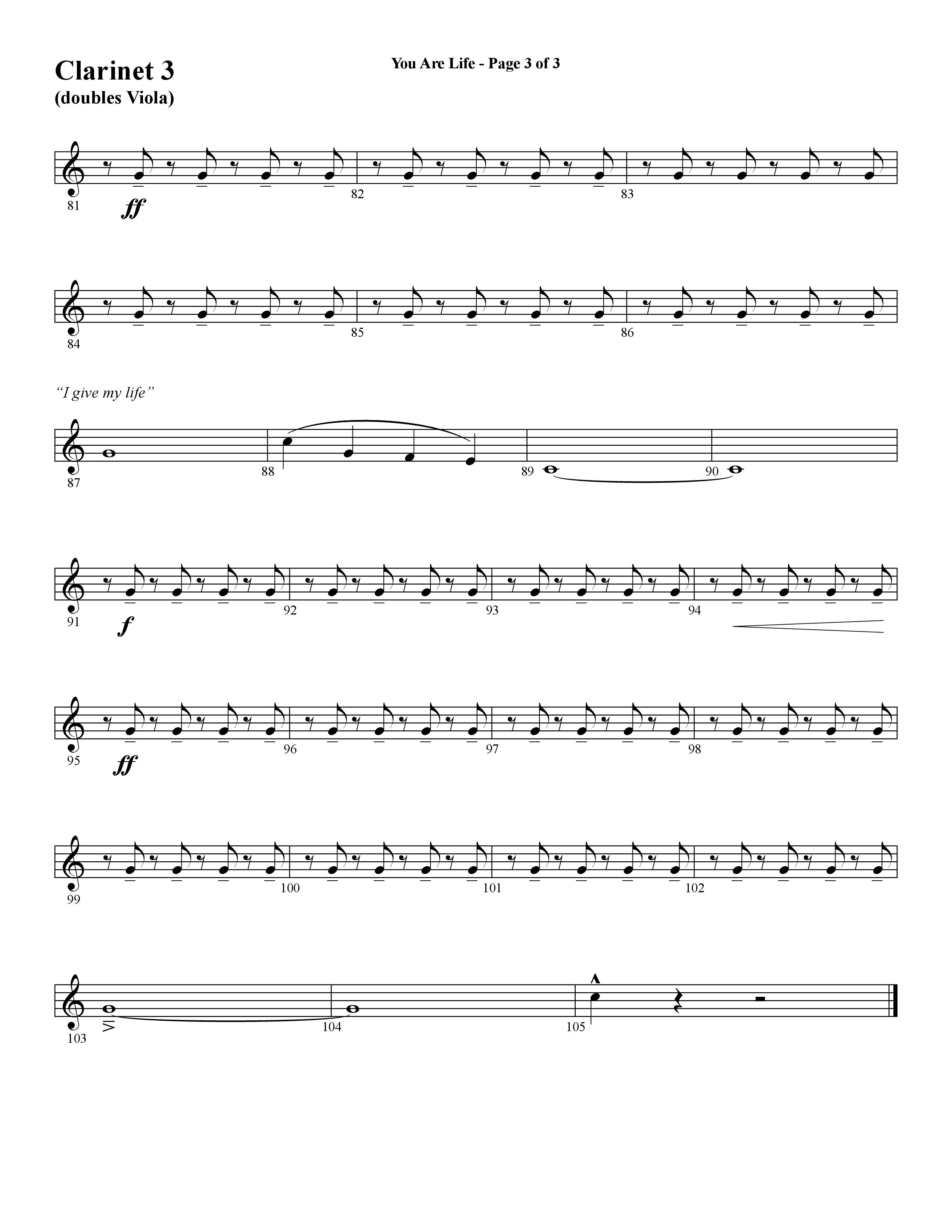 You Are Life (Choral Anthem SATB) Clarinet 3 (Word Music Choral / Arr. Cliff Duren)