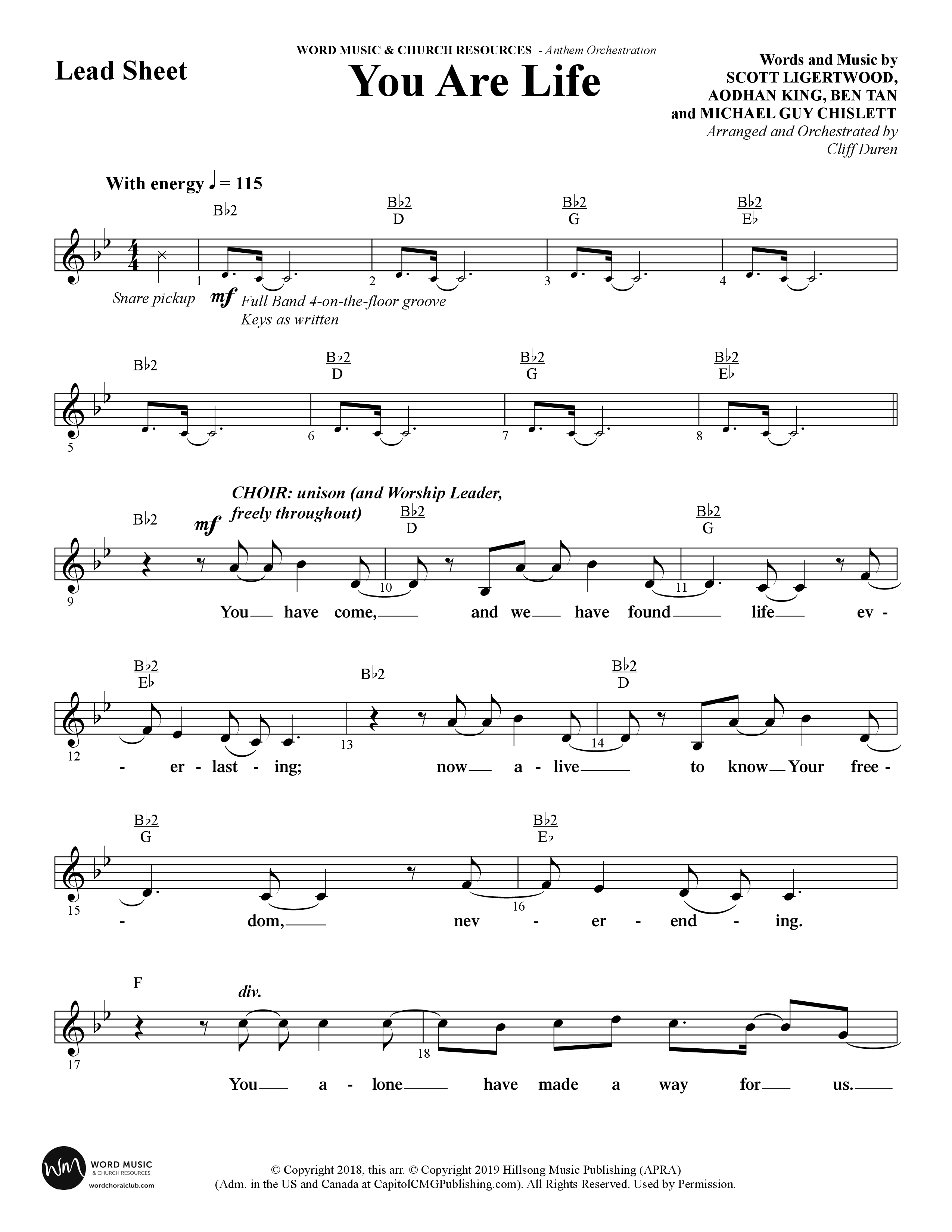 You Are Life (Choral Anthem SATB) Lead Sheet (Melody) (Word Music Choral / Arr. Cliff Duren)