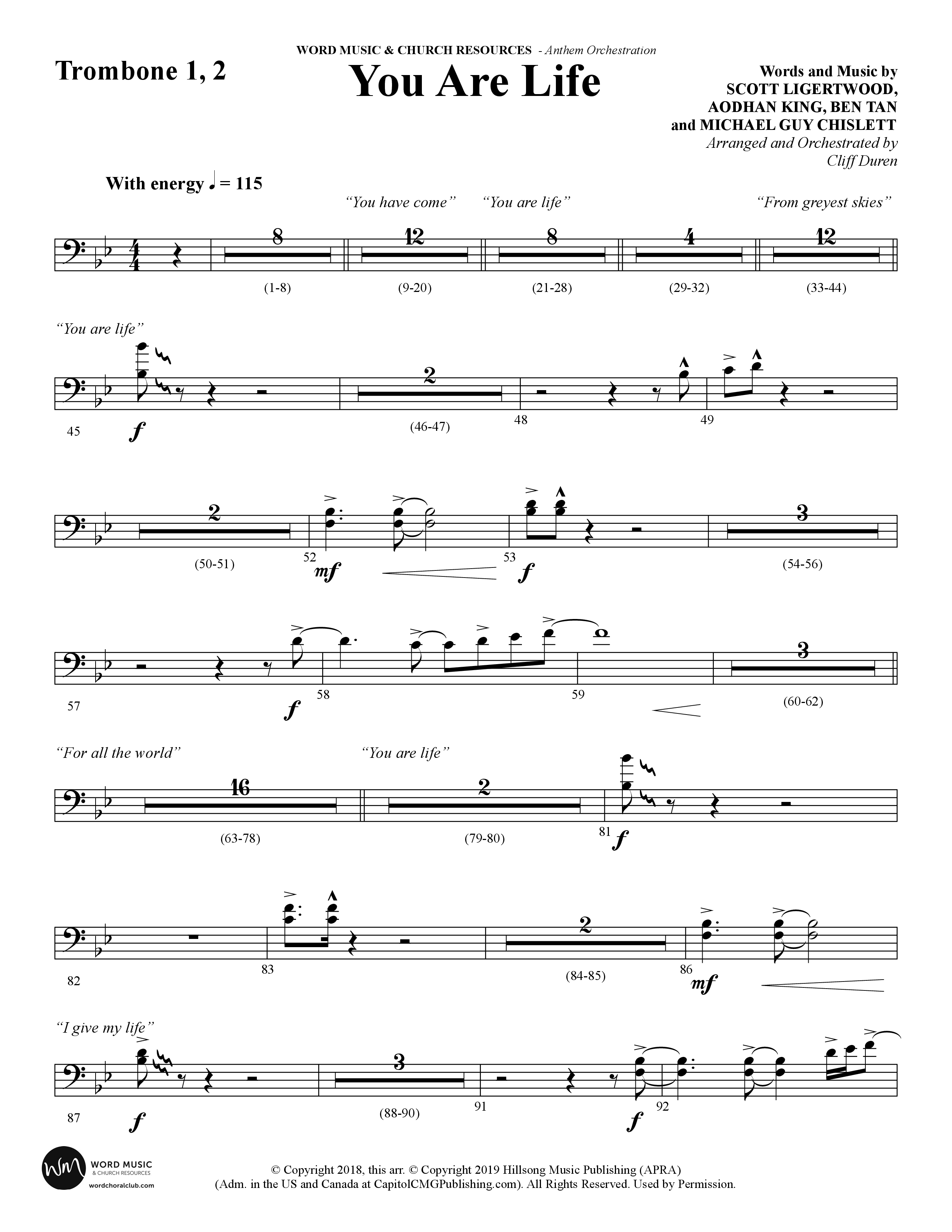 You Are Life (Choral Anthem SATB) Trombone 1/2 (Word Music Choral / Arr. Cliff Duren)