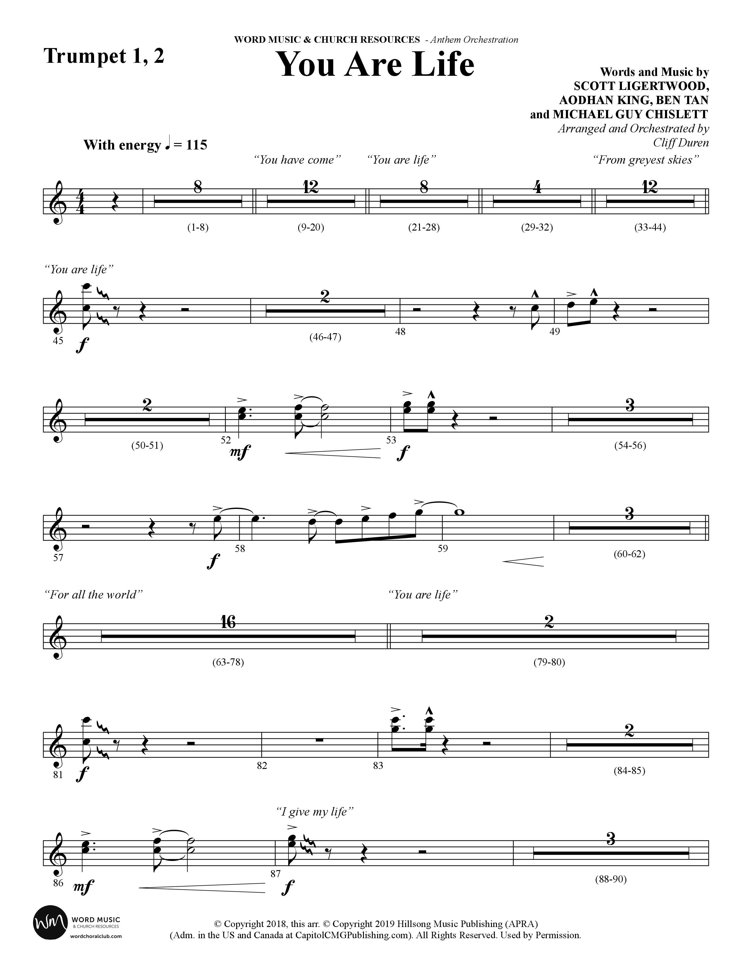 You Are Life (Choral Anthem SATB) Trumpet 1,2 (Word Music Choral / Arr. Cliff Duren)