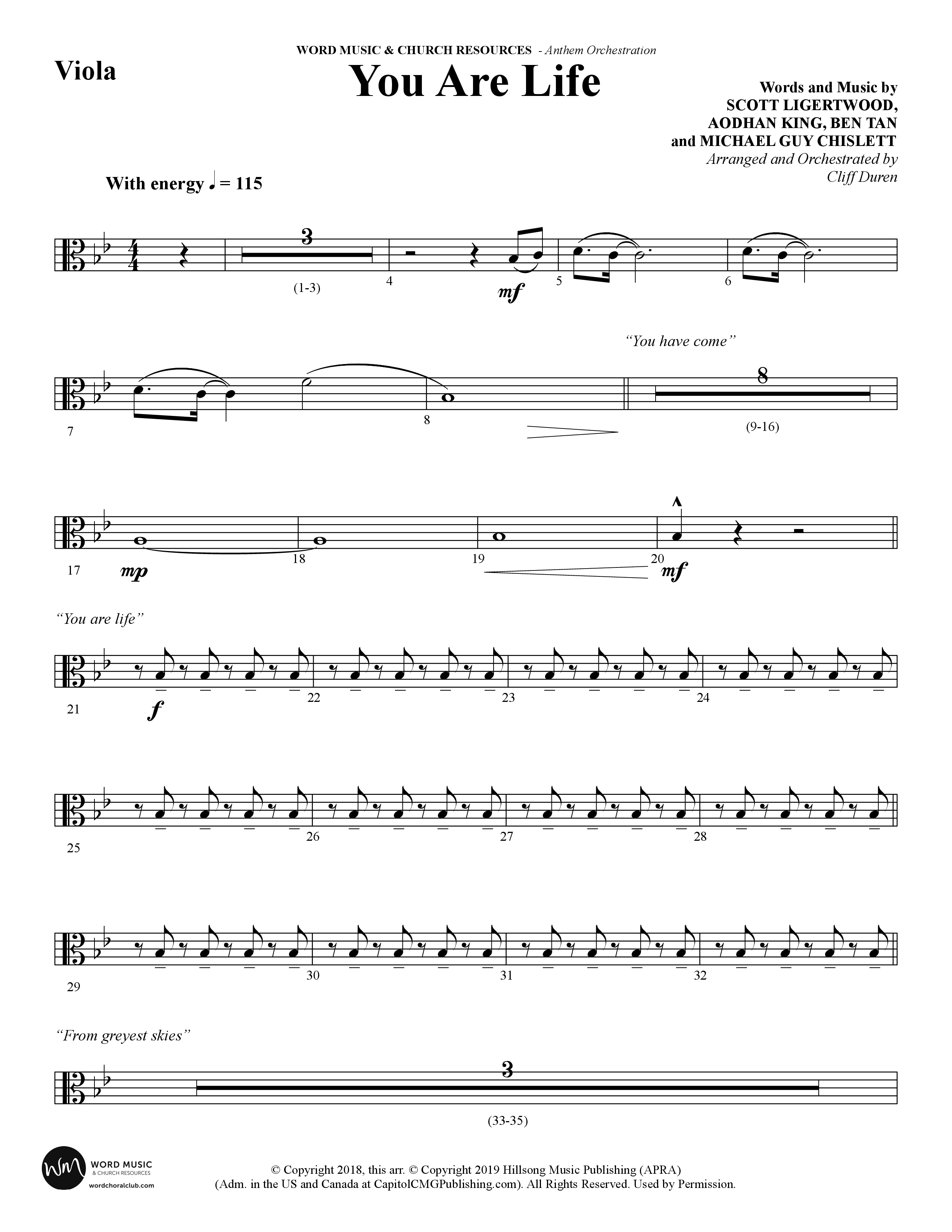 You Are Life (Choral Anthem SATB) Viola (Word Music Choral / Arr. Cliff Duren)