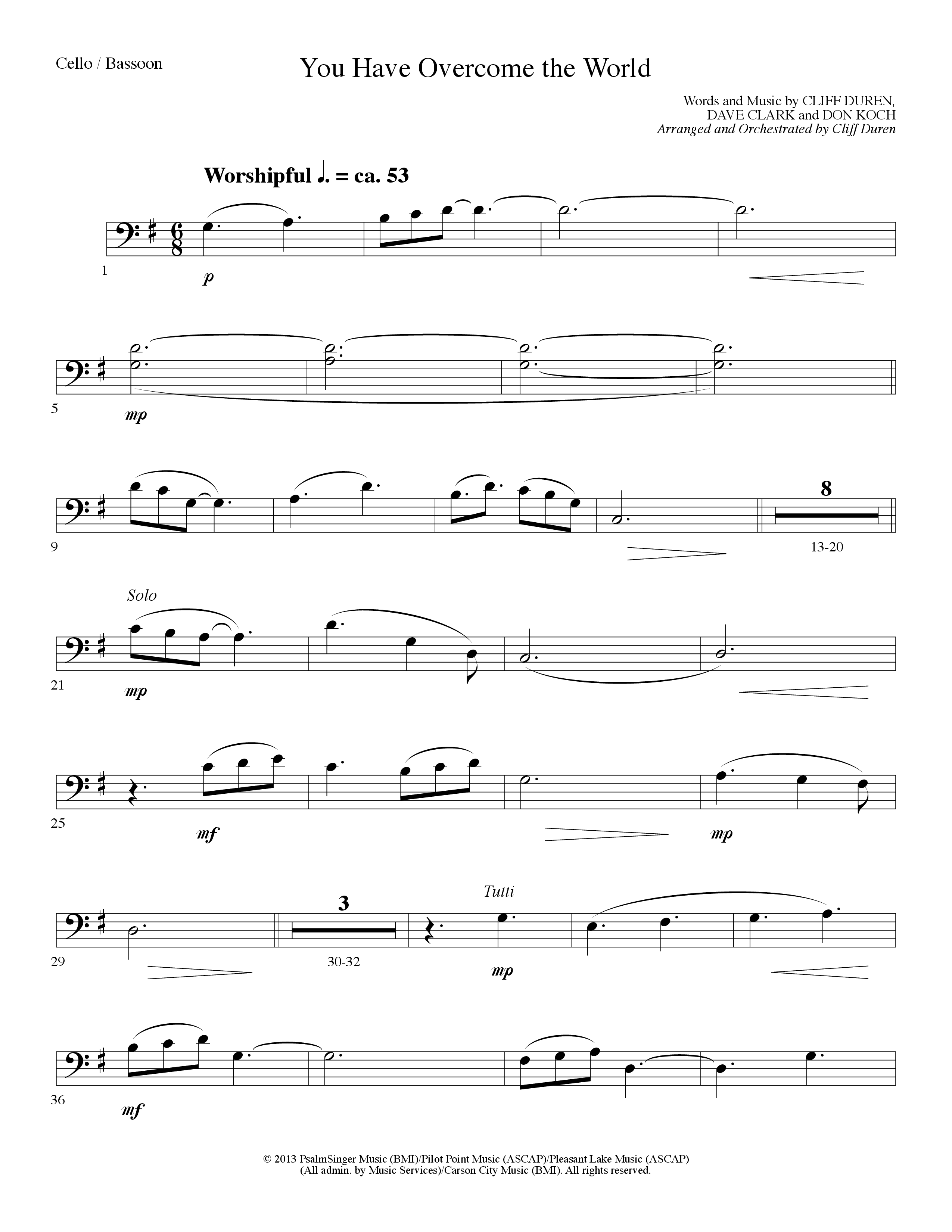 You Have Overcome The World (Choral Anthem SATB) Cello (Lillenas Choral / Arr. Cliff Duren)