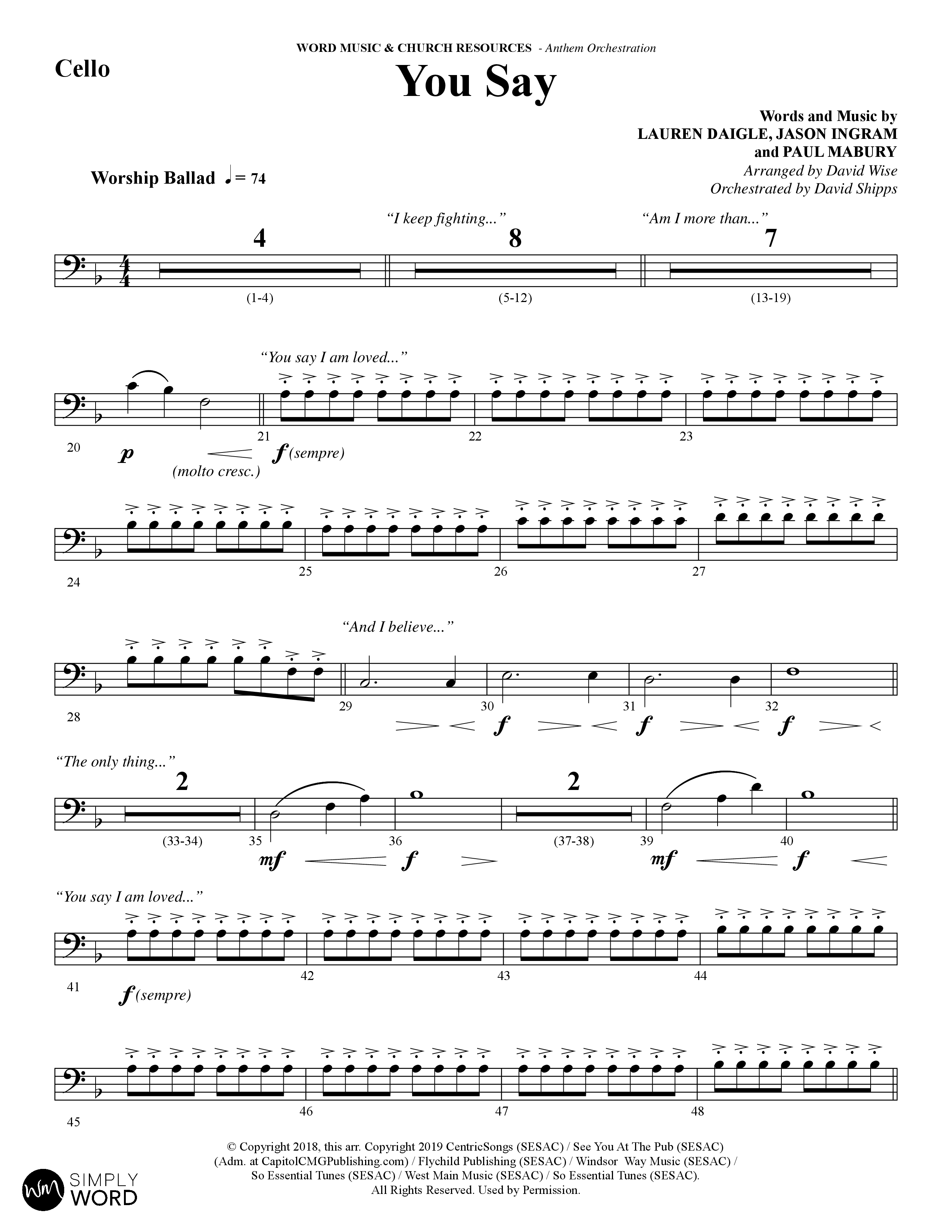 You Say (Choral Anthem SATB) Cello (Word Music Choral / Arr. David Wise)