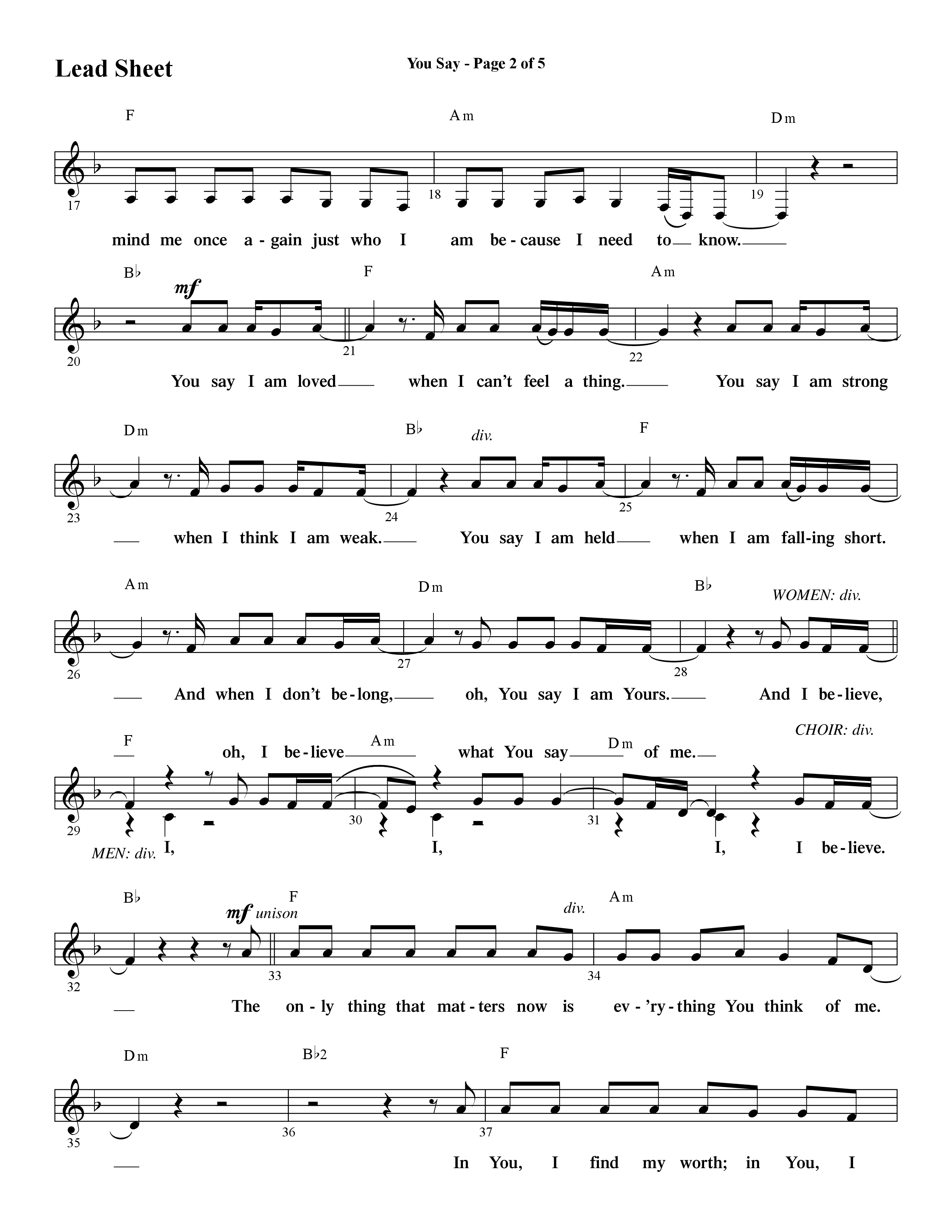 You Say (Choral Anthem SATB) Lead Sheet (Melody) (Word Music Choral / Arr. David Wise)