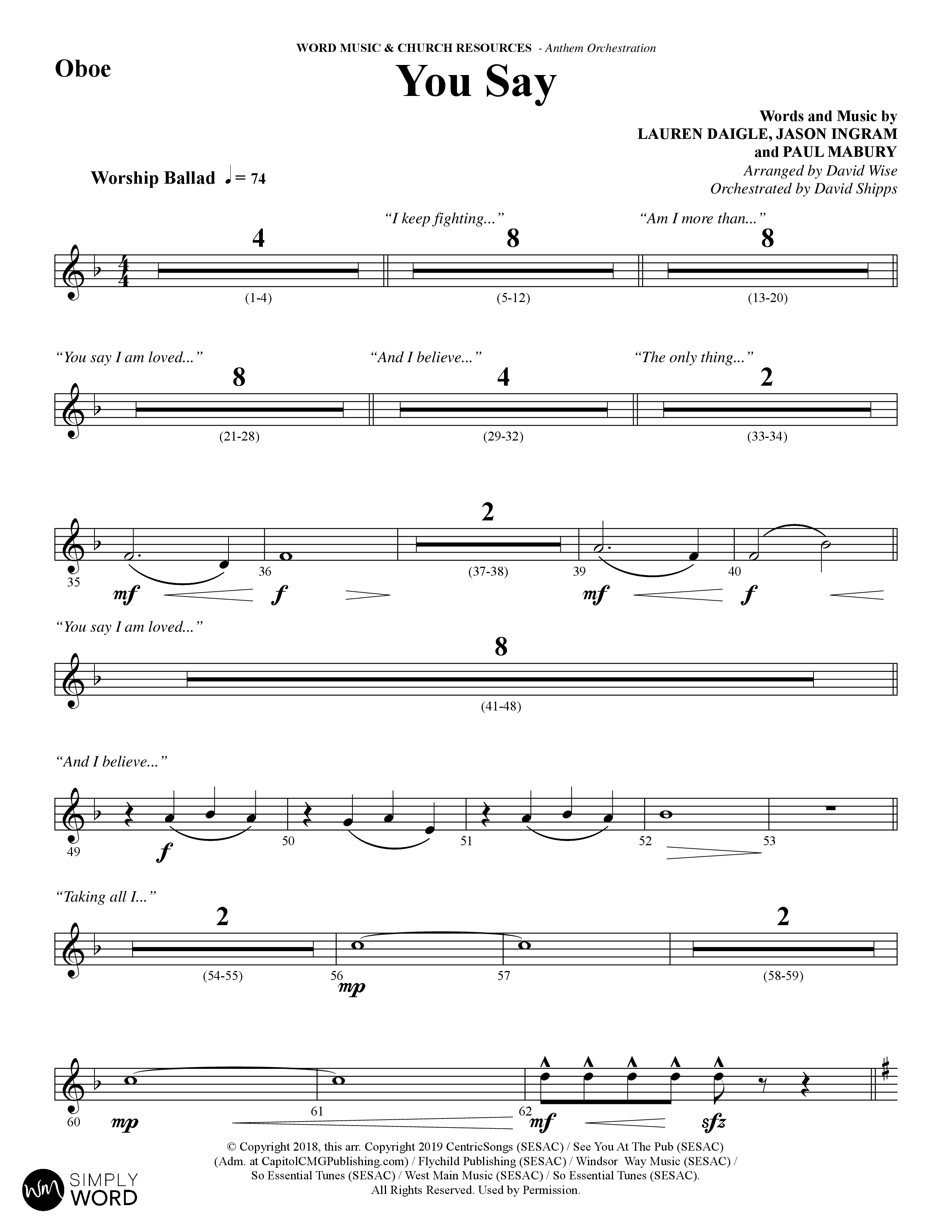 You Say (Choral Anthem SATB) Oboe (Word Music Choral / Arr. David Wise)