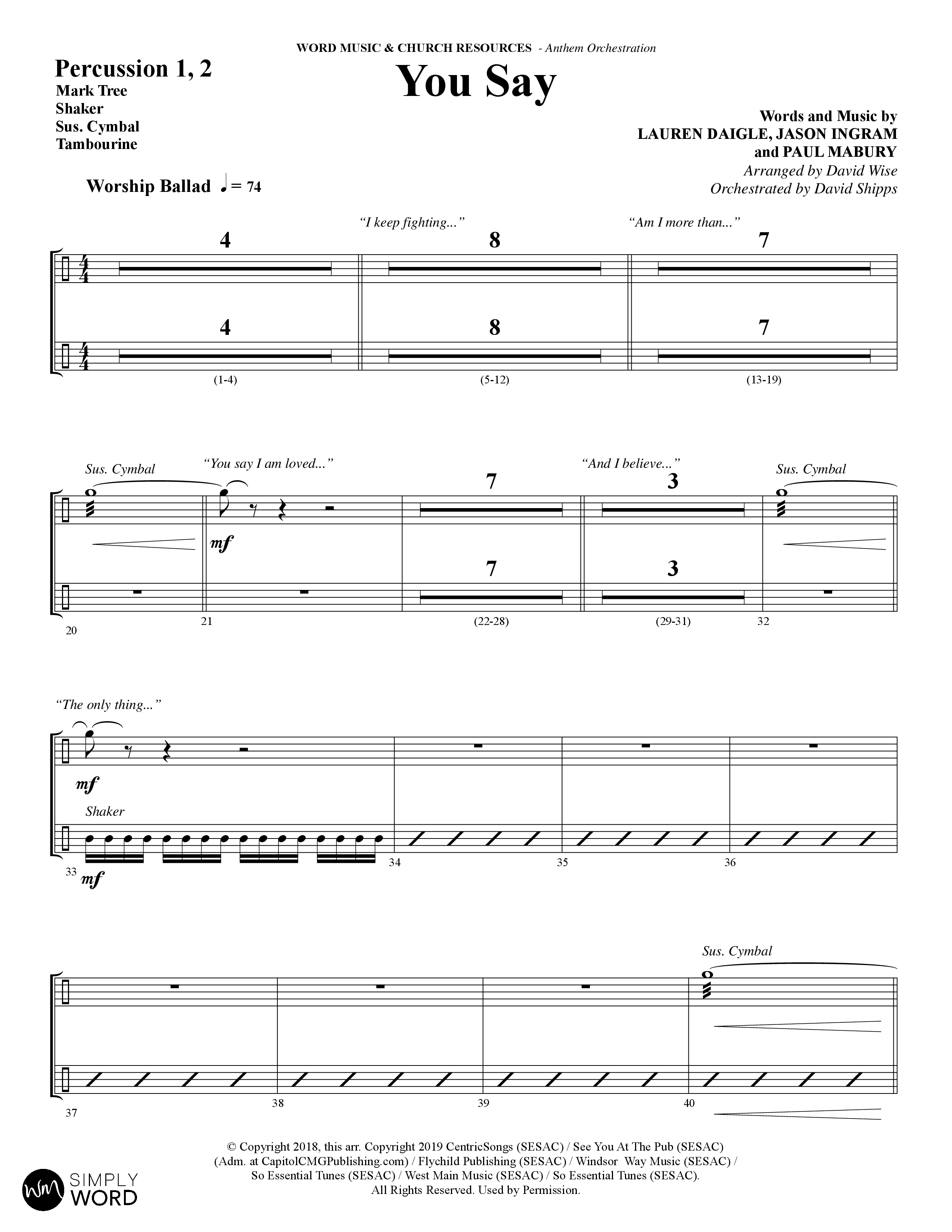 You Say (Choral Anthem SATB) Percussion 1/2 (Word Music Choral / Arr. David Wise)