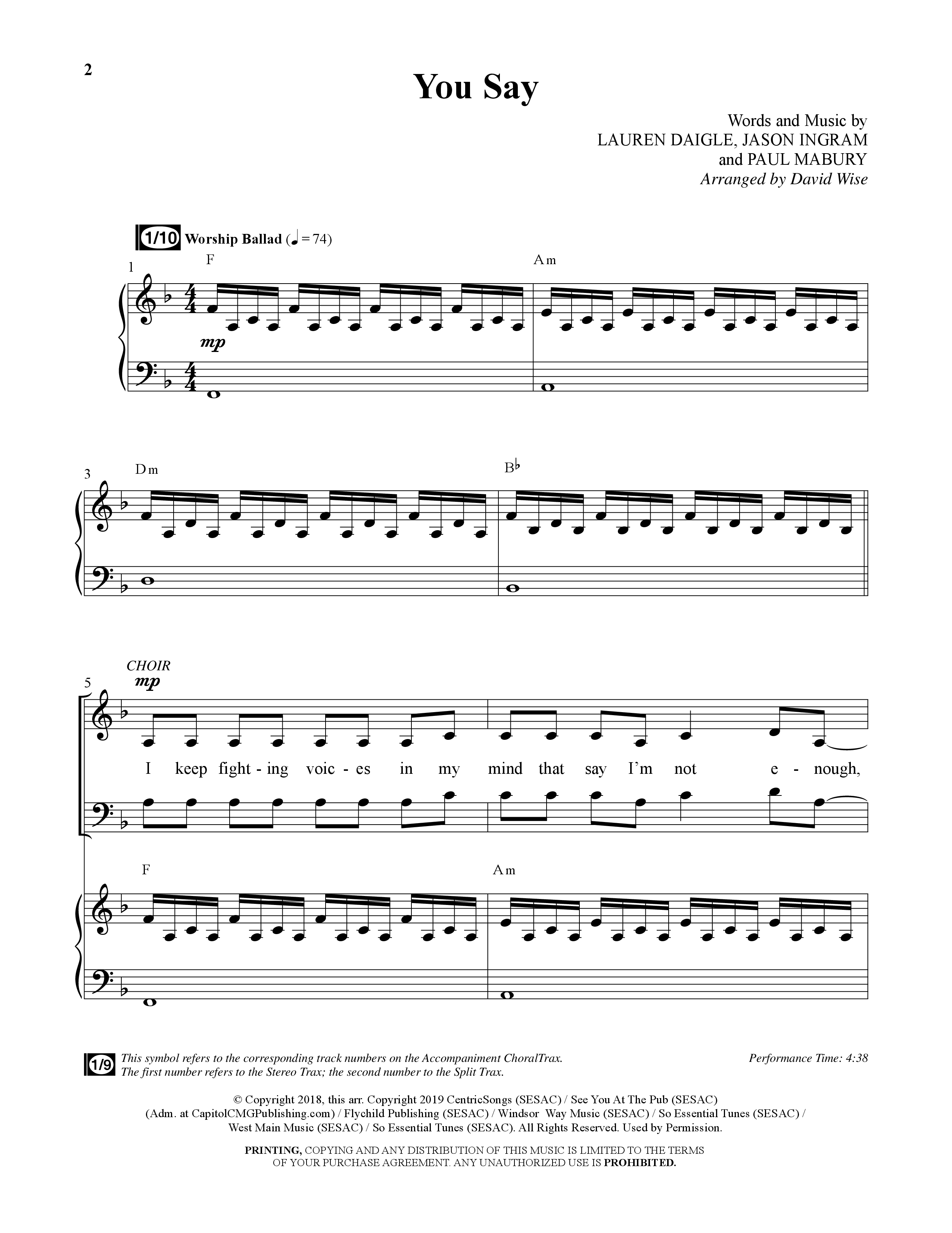 You Say (Choral Anthem SATB) Anthem (SATB/Piano) (Word Music Choral / Arr. David Wise)