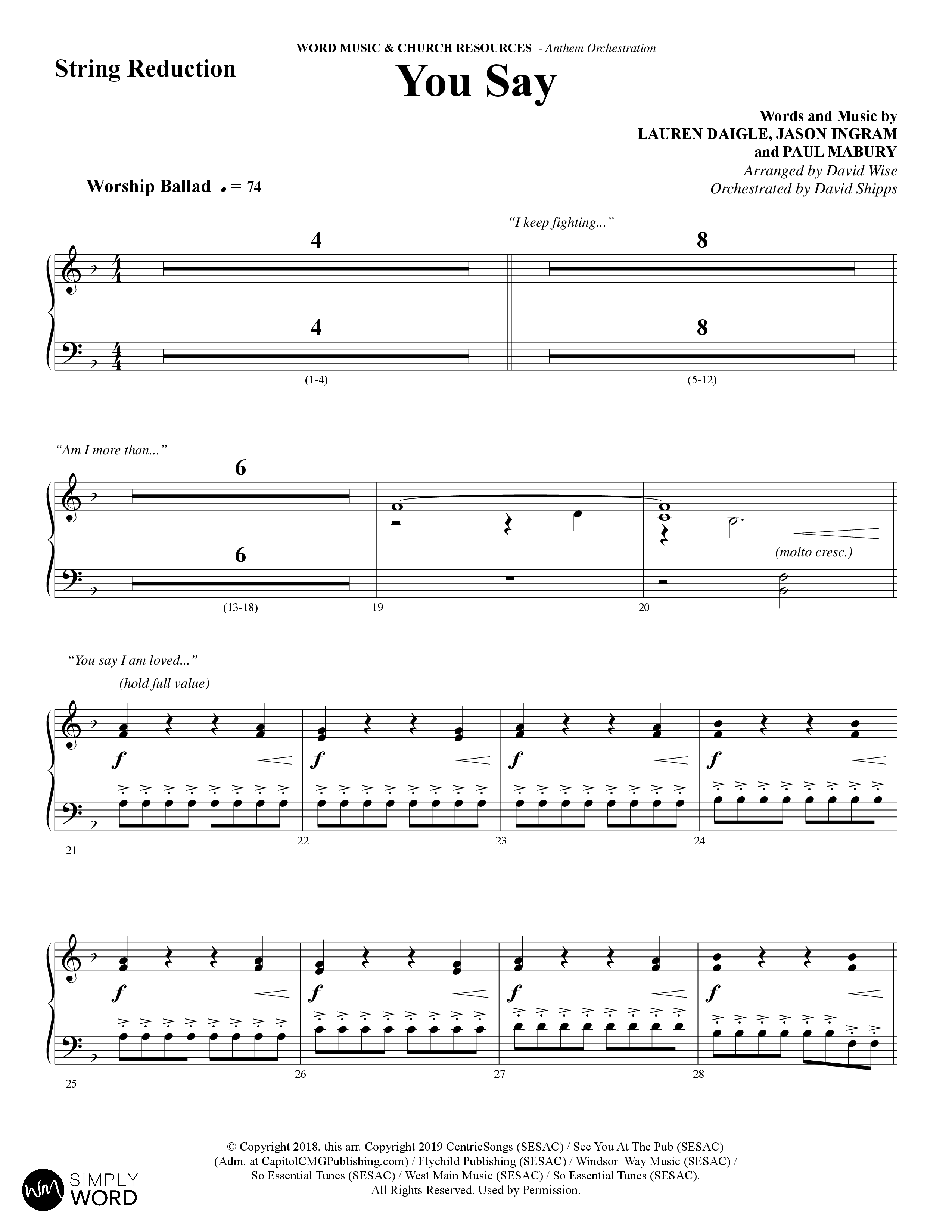 You Say (Choral Anthem SATB) String Reduction (Word Music Choral / Arr. David Wise)