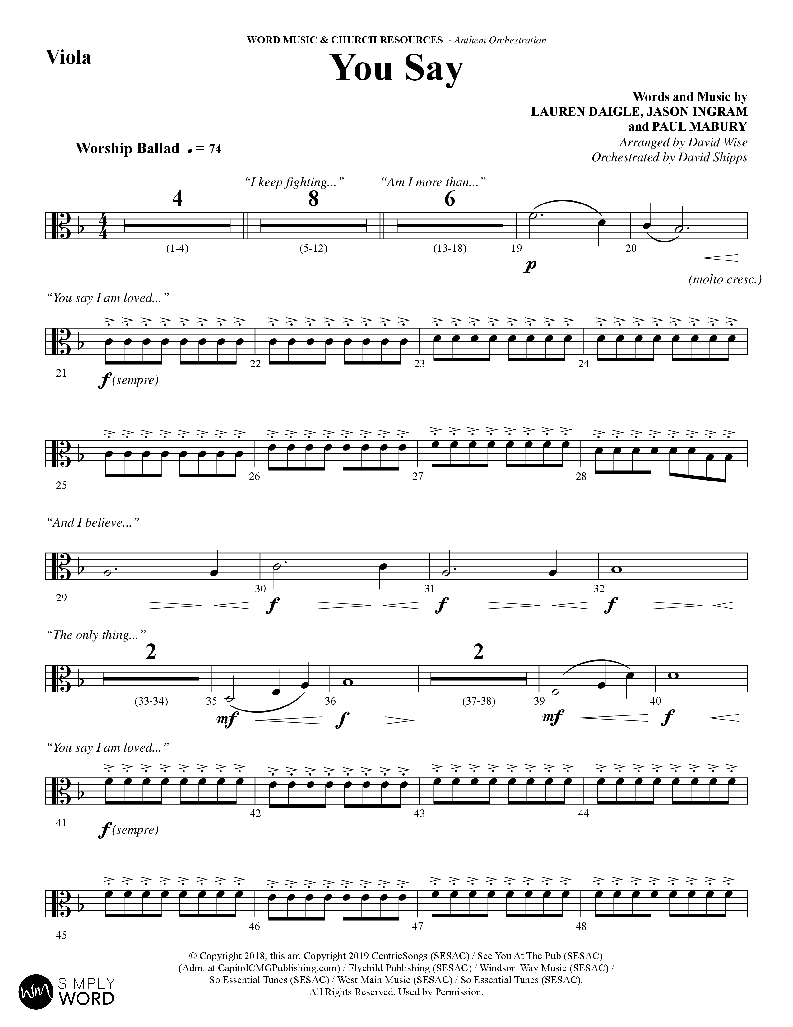 You Say (Choral Anthem SATB) Viola (Word Music Choral / Arr. David Wise)