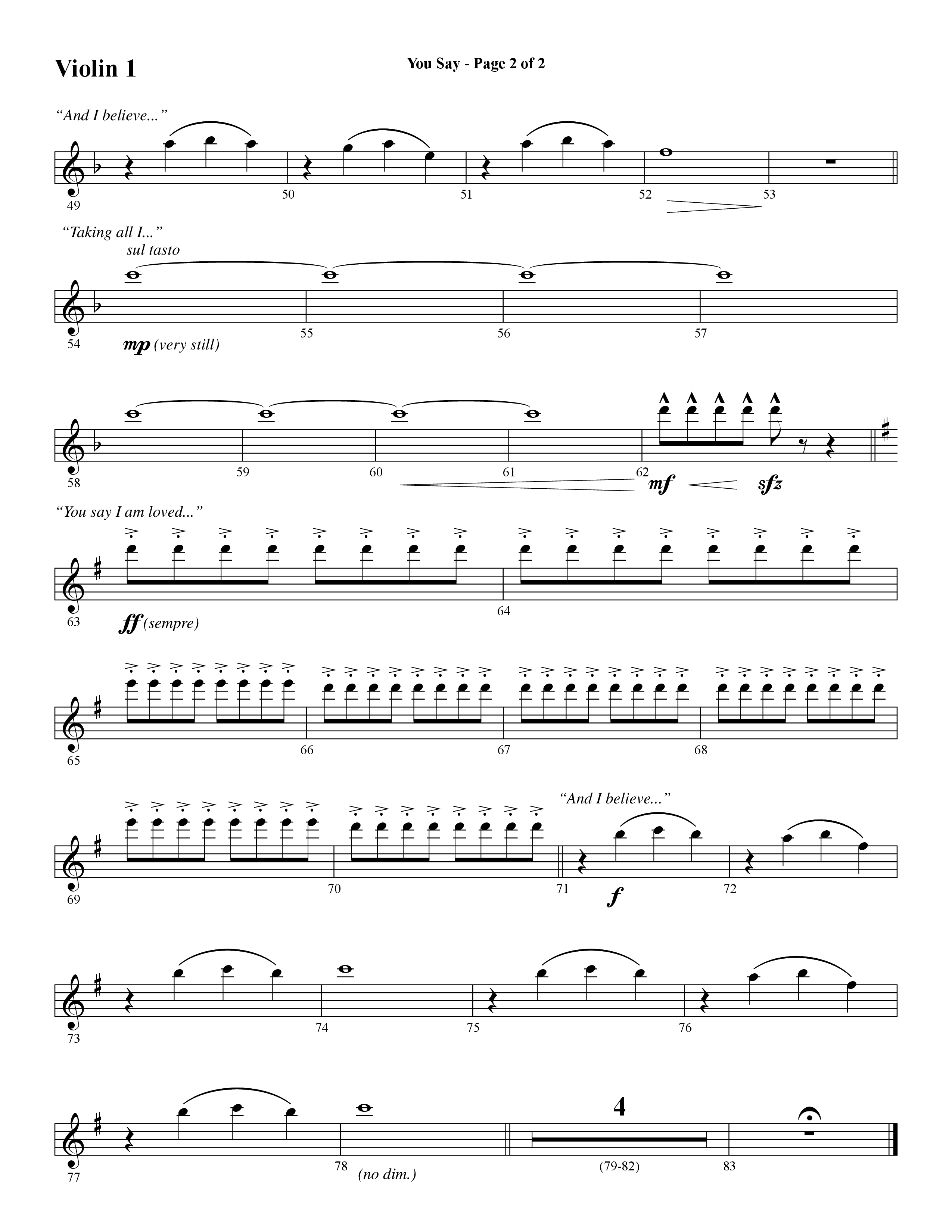 You Say (Choral Anthem SATB) Violin 1 (Word Music Choral / Arr. David Wise)
