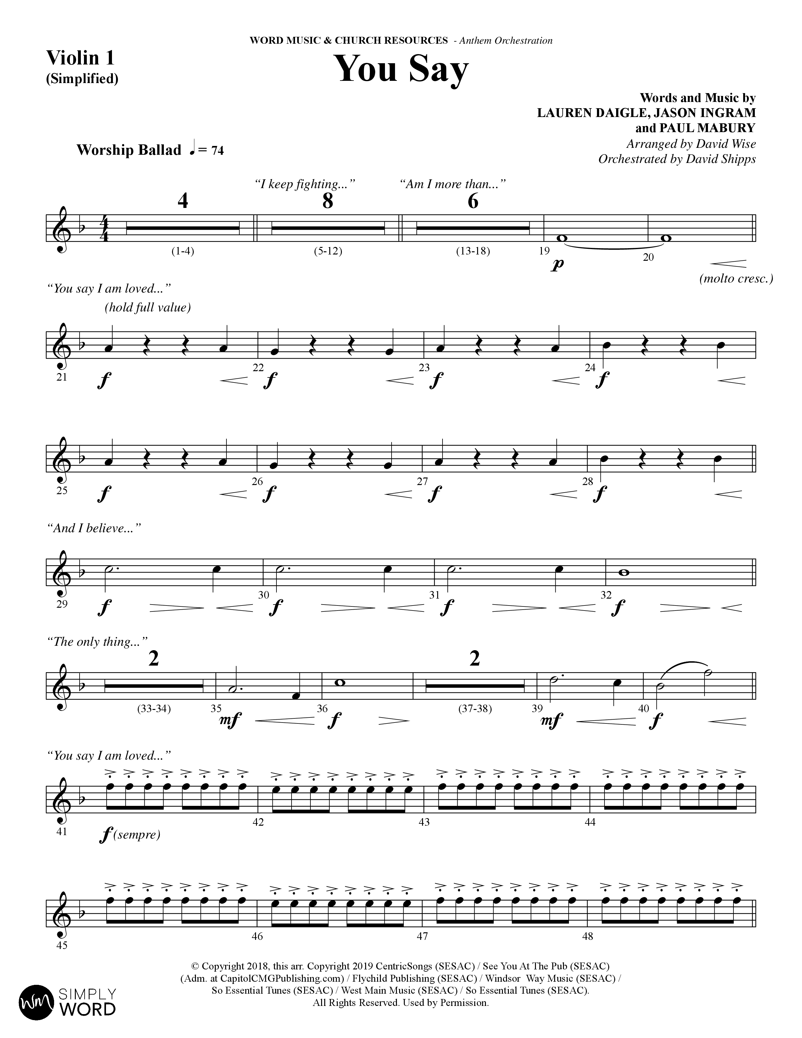 You Say (Choral Anthem SATB) Violin 1 (Word Music Choral / Arr. David Wise)