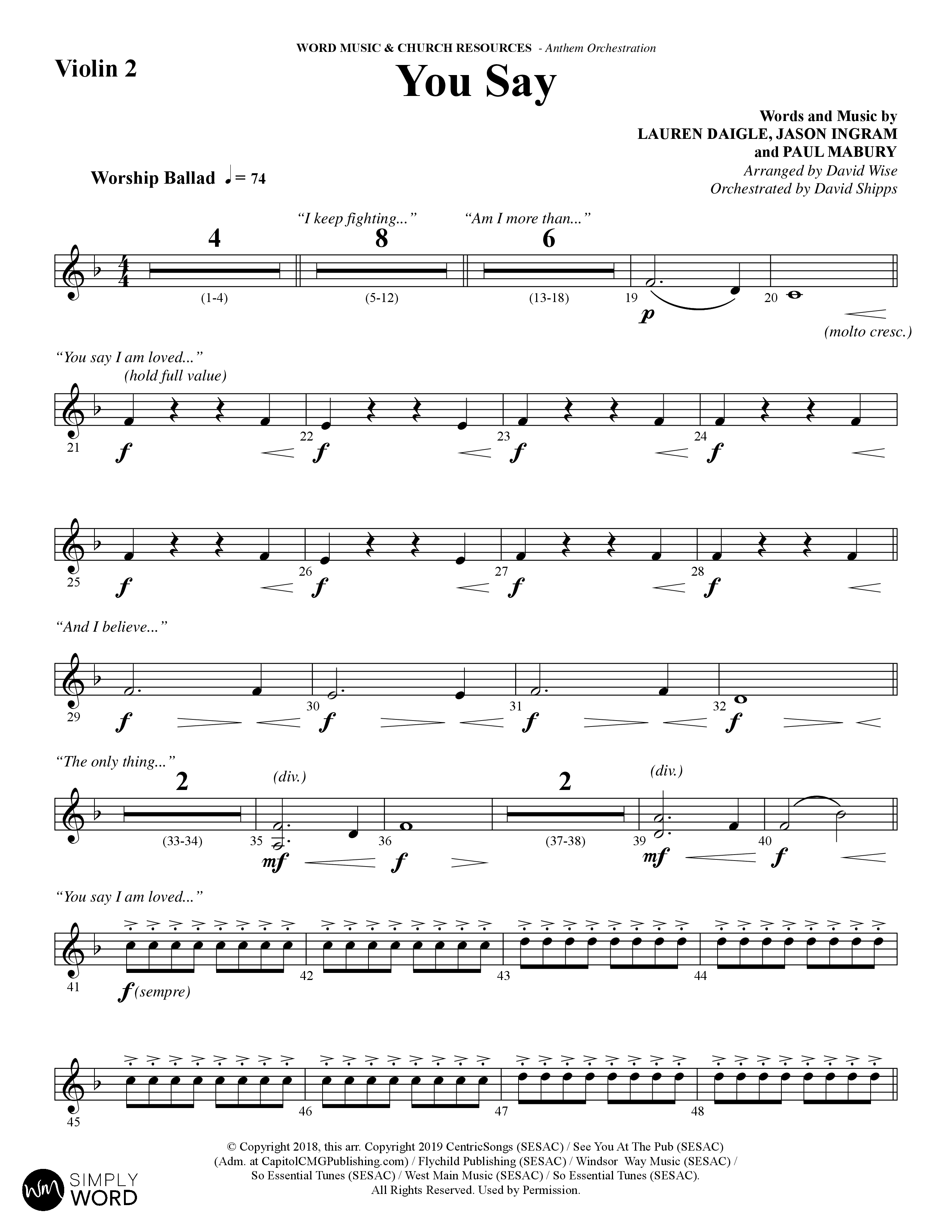 You Say (Choral Anthem SATB) Violin 2 (Word Music Choral / Arr. David Wise)