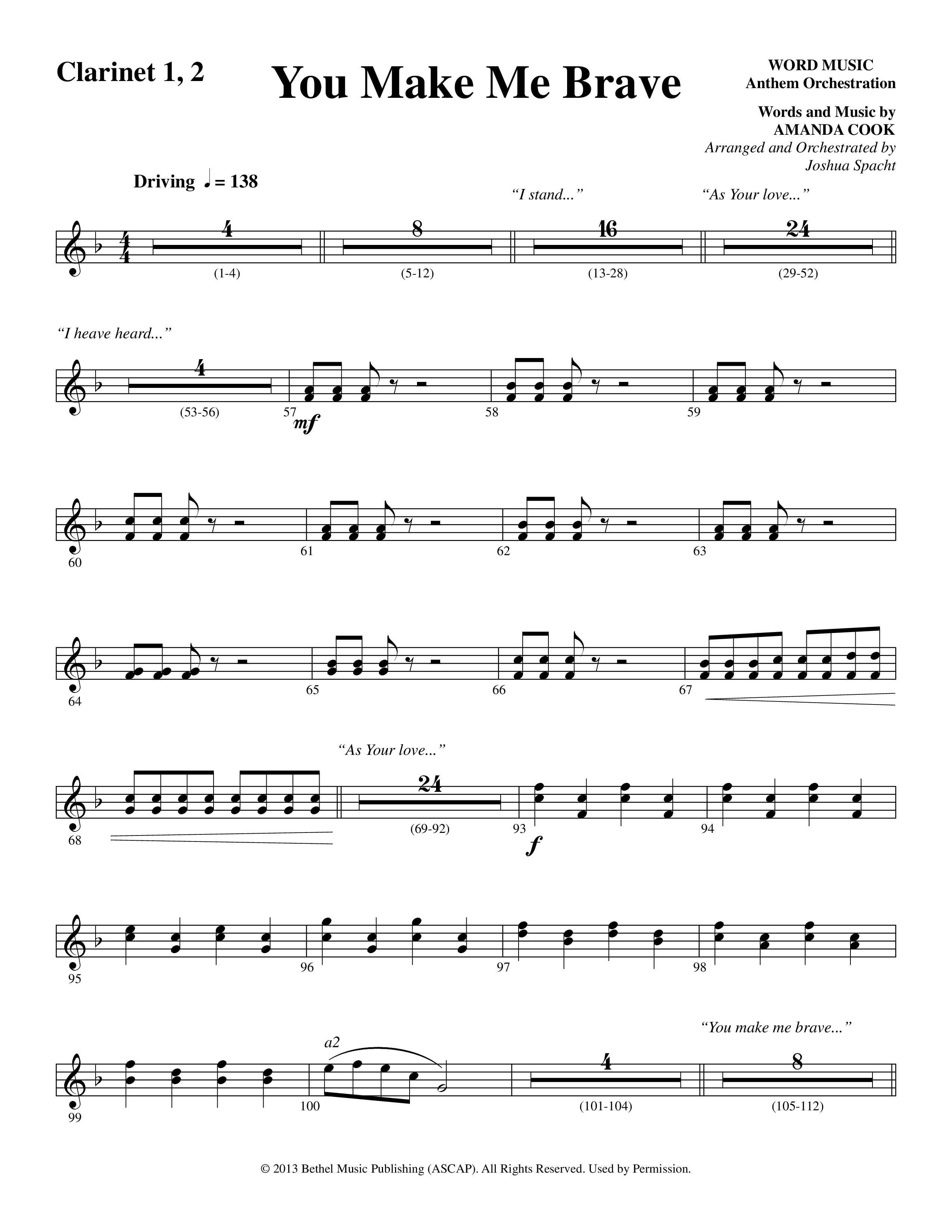 You Make Me Brave (Choral Anthem SATB) Clarinet 1/2 (Word Music Choral / Arr. Joshua Spacht)