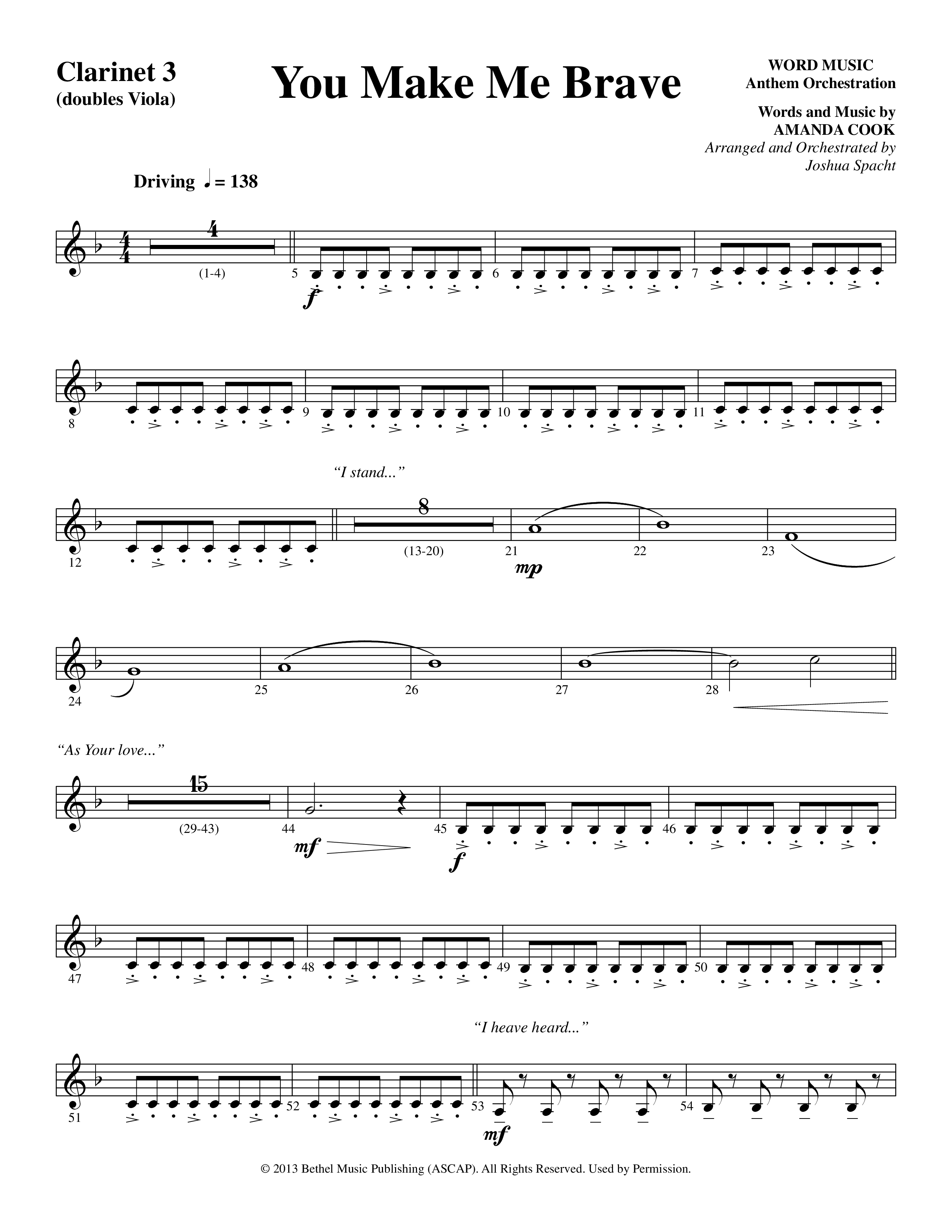 You Make Me Brave (Choral Anthem SATB) Clarinet 3 (Word Music Choral / Arr. Joshua Spacht)