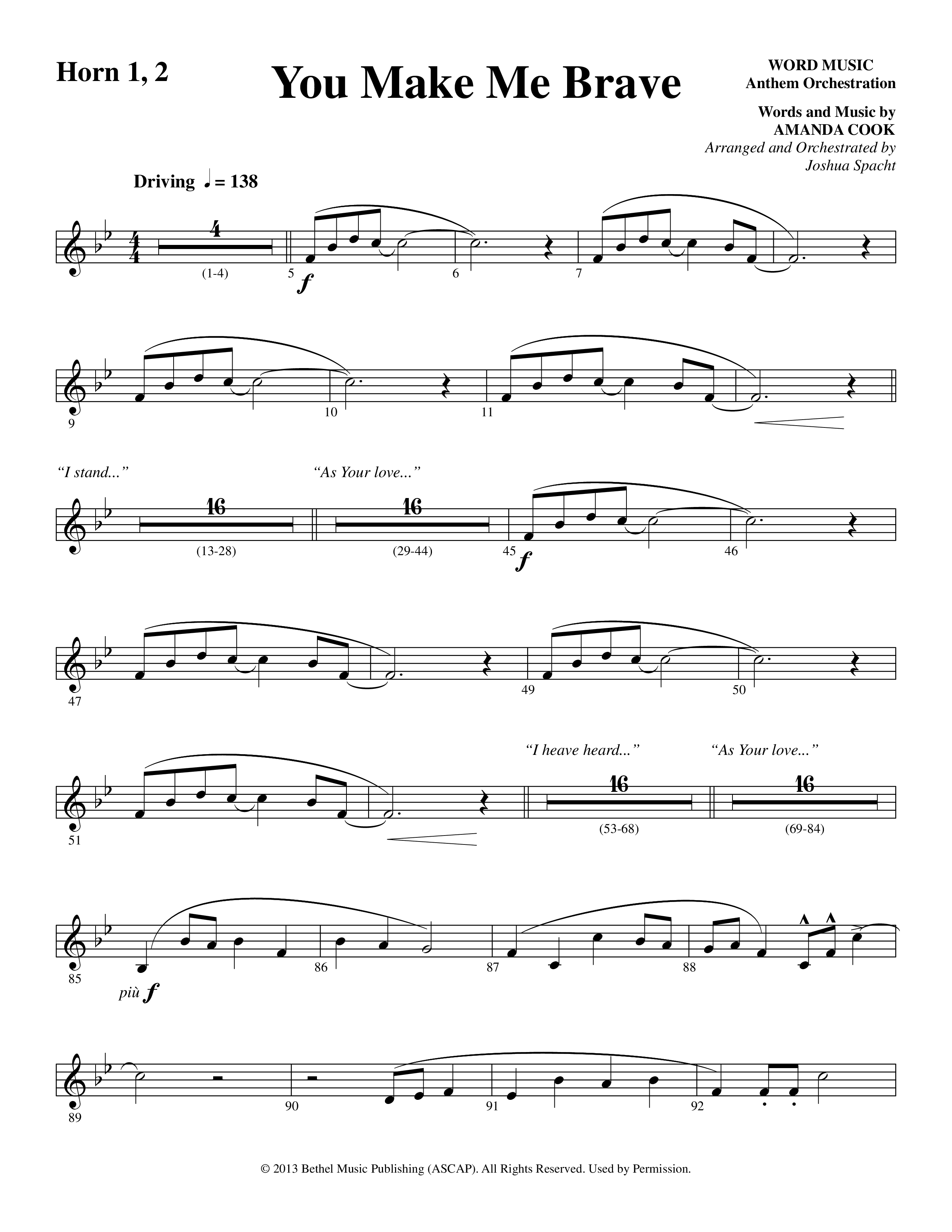 You Make Me Brave (Choral Anthem SATB) French Horn 1/2 (Word Music Choral / Arr. Joshua Spacht)