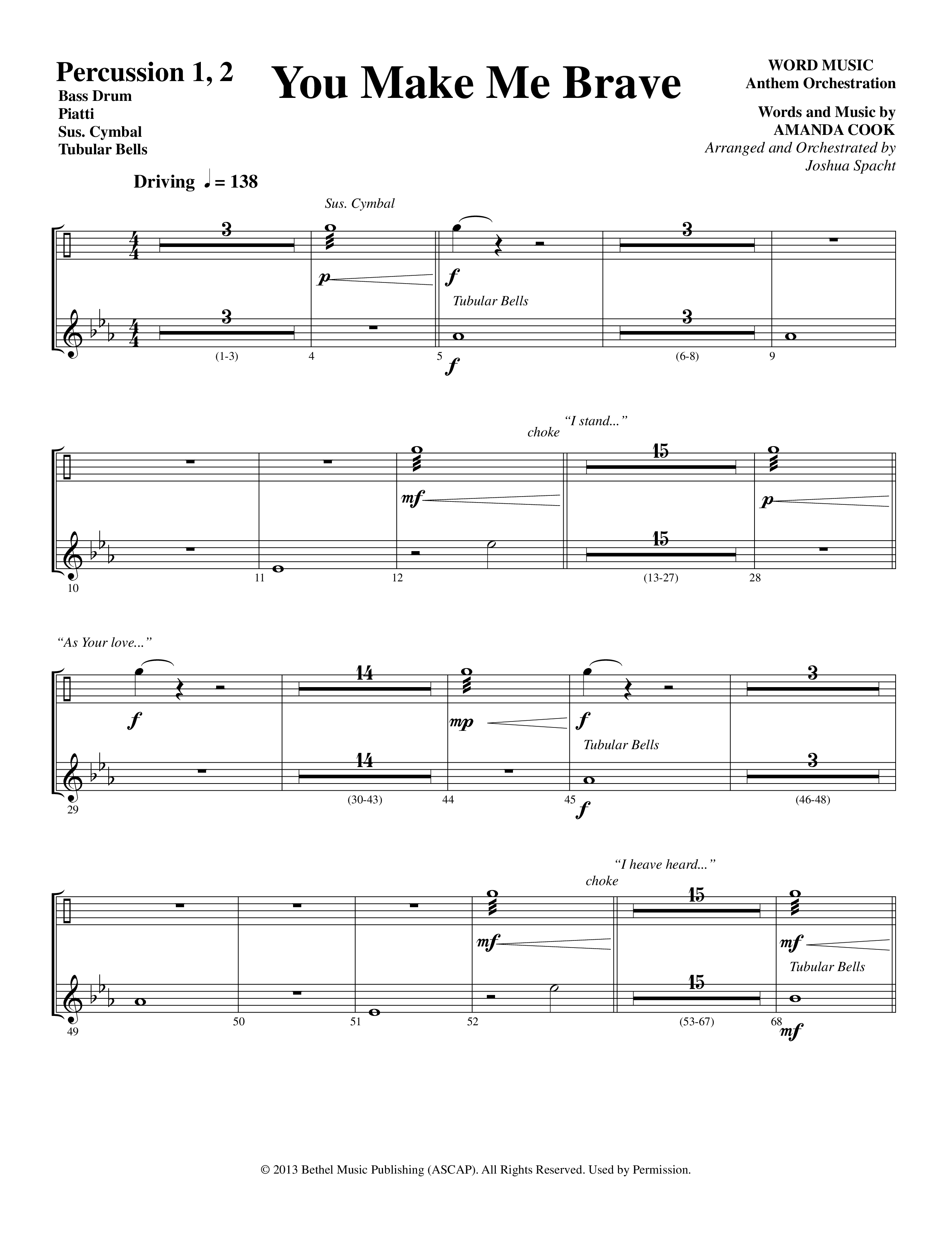 You Make Me Brave (Choral Anthem SATB) Percussion 1/2 (Word Music Choral / Arr. Joshua Spacht)