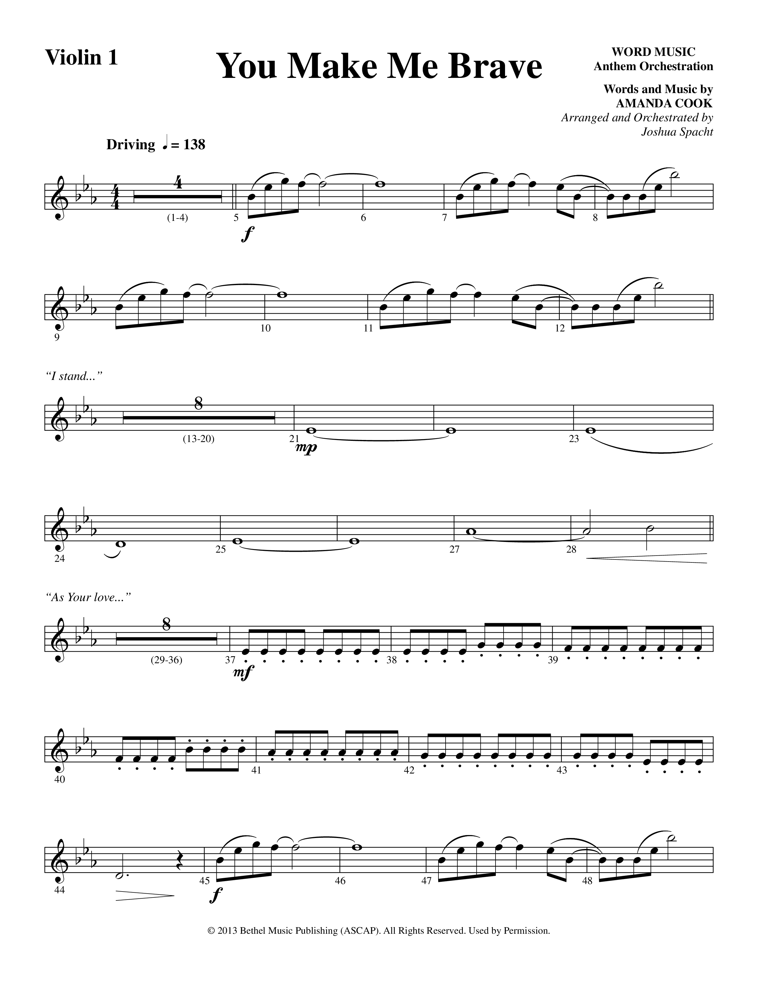 You Make Me Brave (Choral Anthem SATB) Violin 1 (Word Music Choral / Arr. Joshua Spacht)