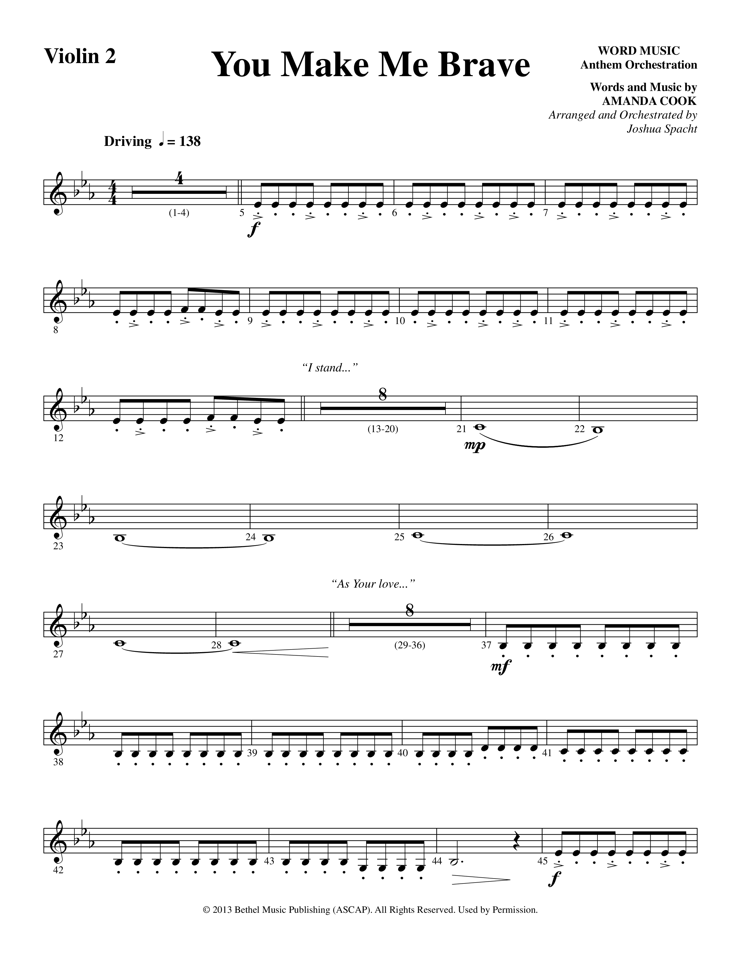 You Make Me Brave (Choral Anthem SATB) Violin 2 (Word Music Choral / Arr. Joshua Spacht)