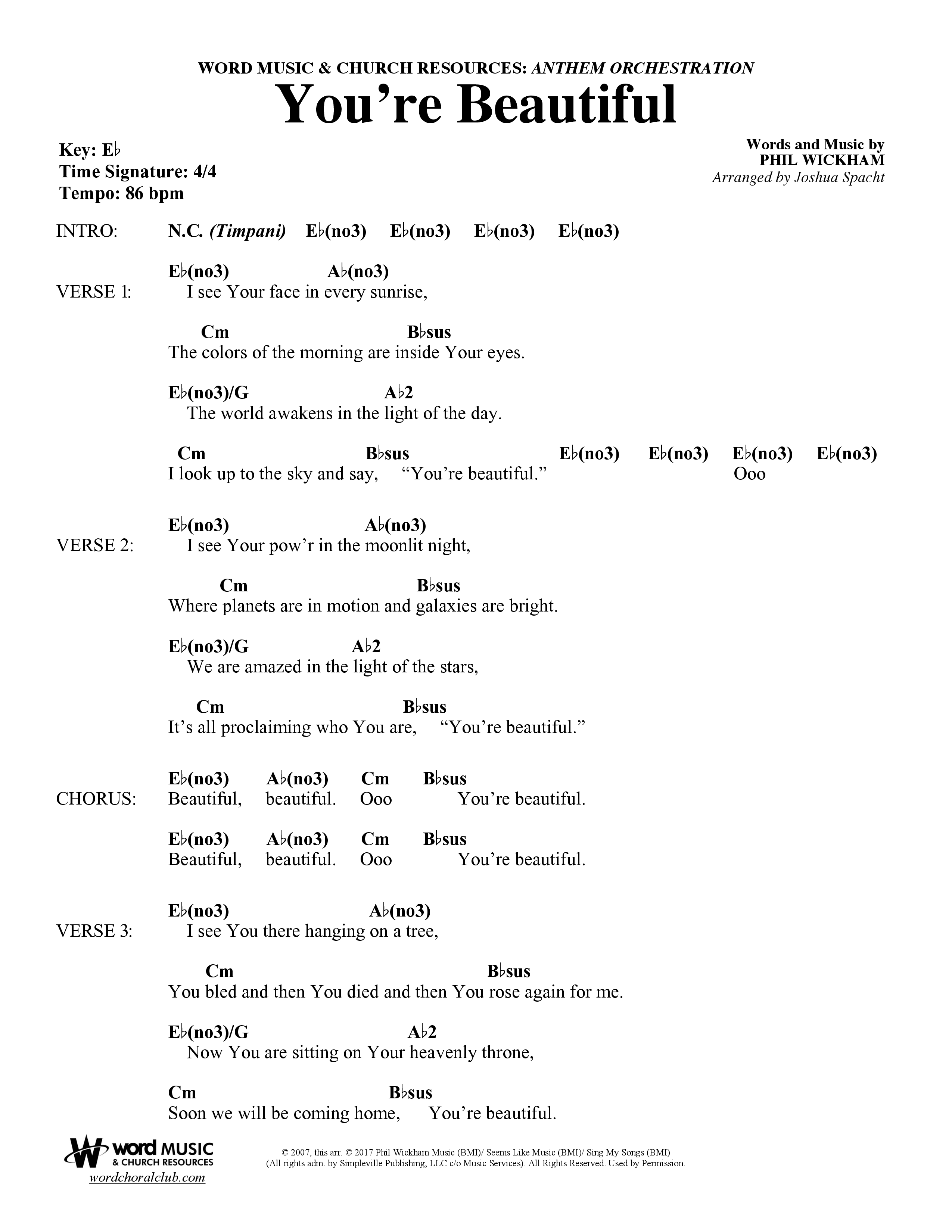 You're Beautiful (Choral Anthem SATB) Chords & Lead Sheet (Word Music Choral / Arr. Joshua Spacht)