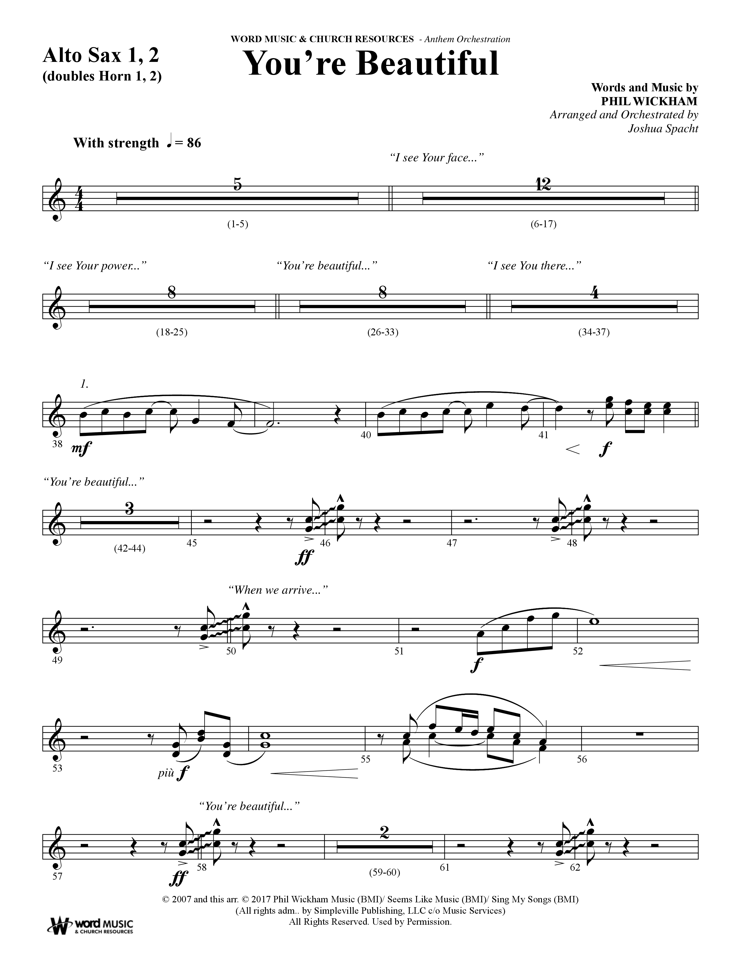 You're Beautiful (Choral Anthem SATB) Alto Sax 1/2 (Word Music Choral / Arr. Joshua Spacht)