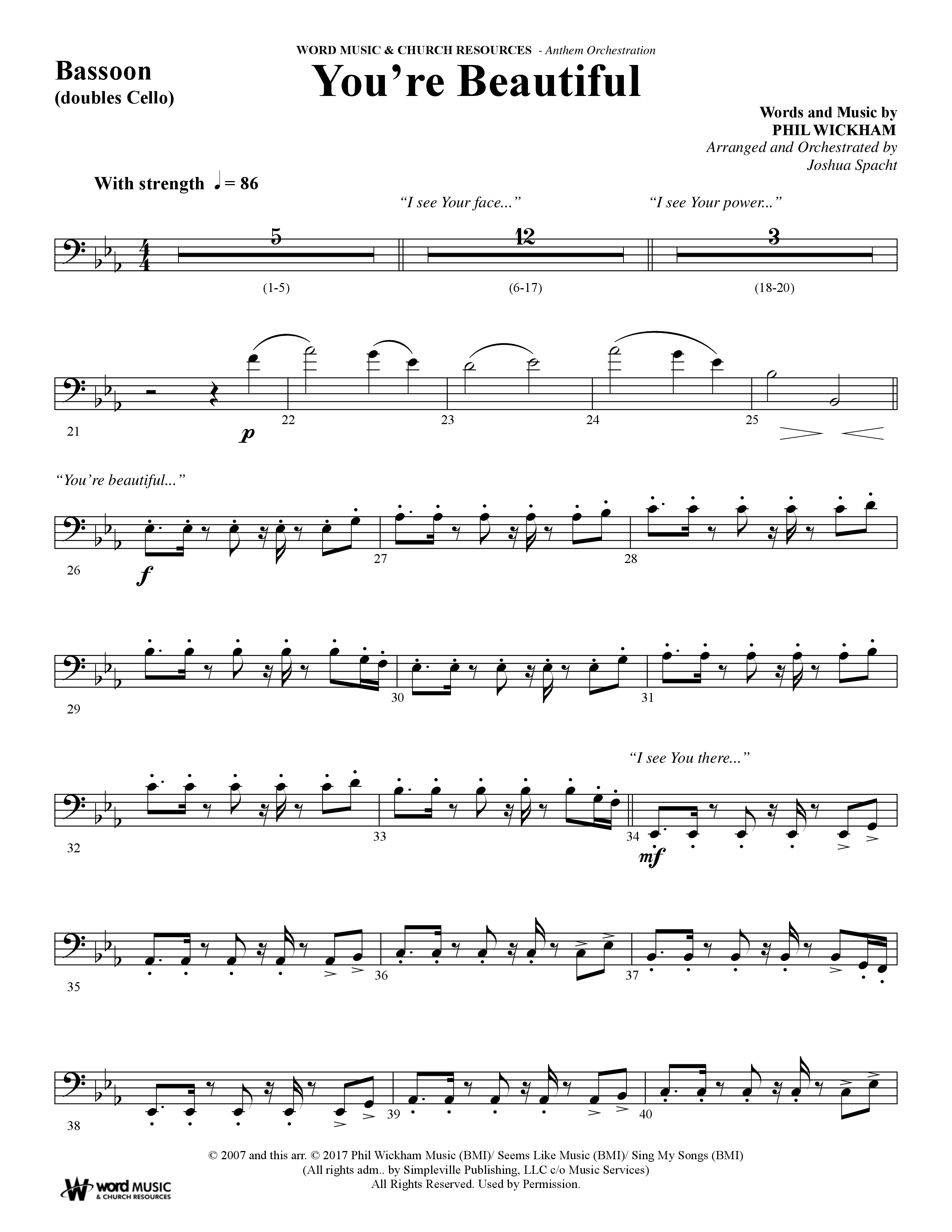 You're Beautiful (Choral Anthem SATB) Bassoon (Word Music Choral / Arr. Joshua Spacht)