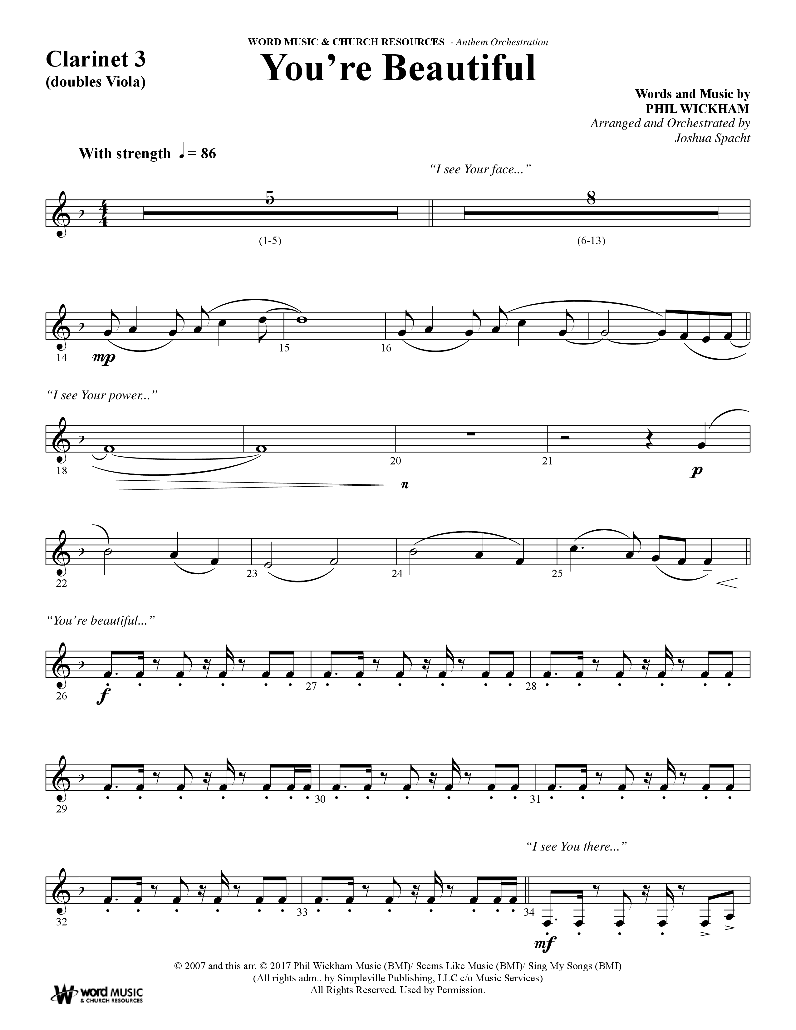 You're Beautiful (Choral Anthem SATB) Clarinet 3 (Word Music Choral / Arr. Joshua Spacht)