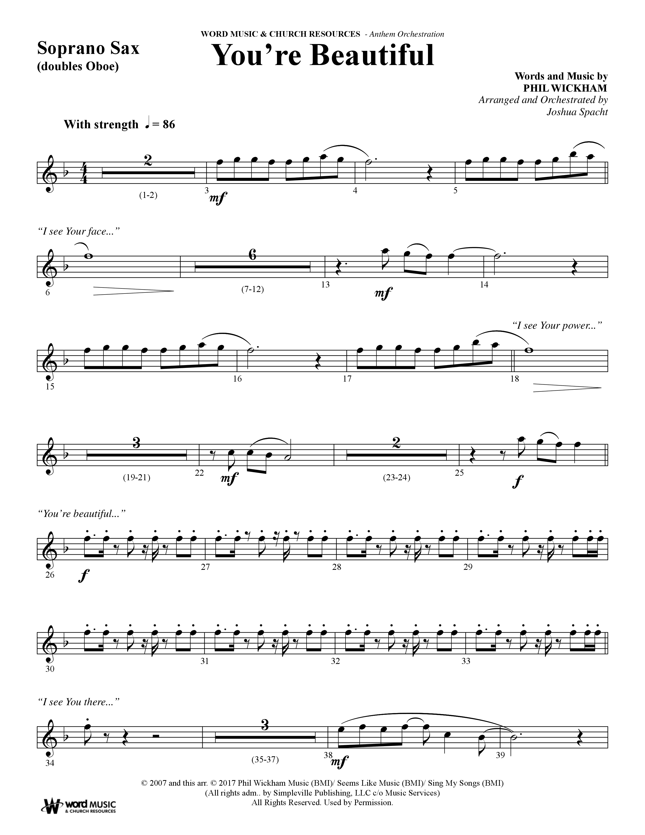 You're Beautiful (Choral Anthem SATB) Soprano Sax (Word Music Choral / Arr. Joshua Spacht)