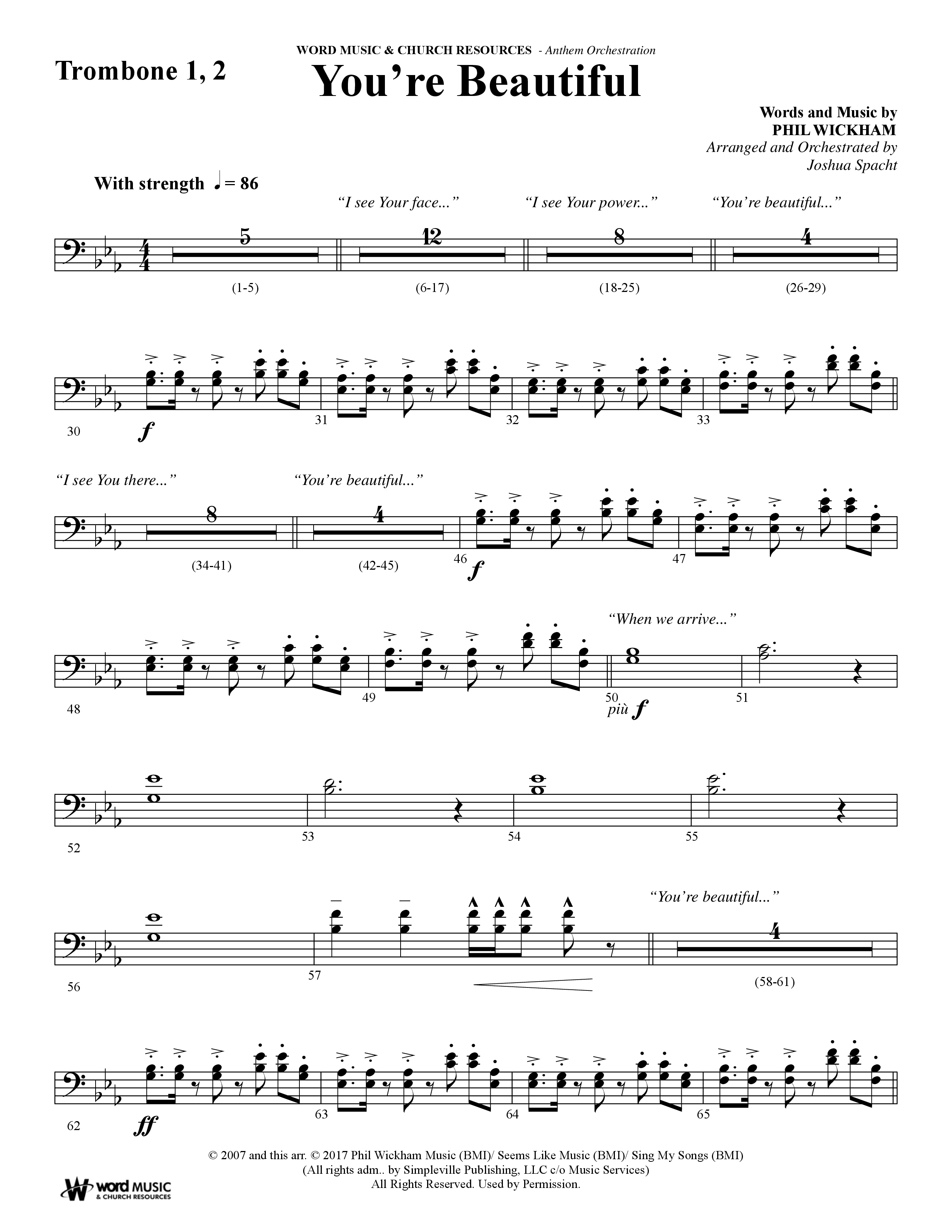 You're Beautiful (Choral Anthem SATB) Trombone 1/2 (Word Music Choral / Arr. Joshua Spacht)