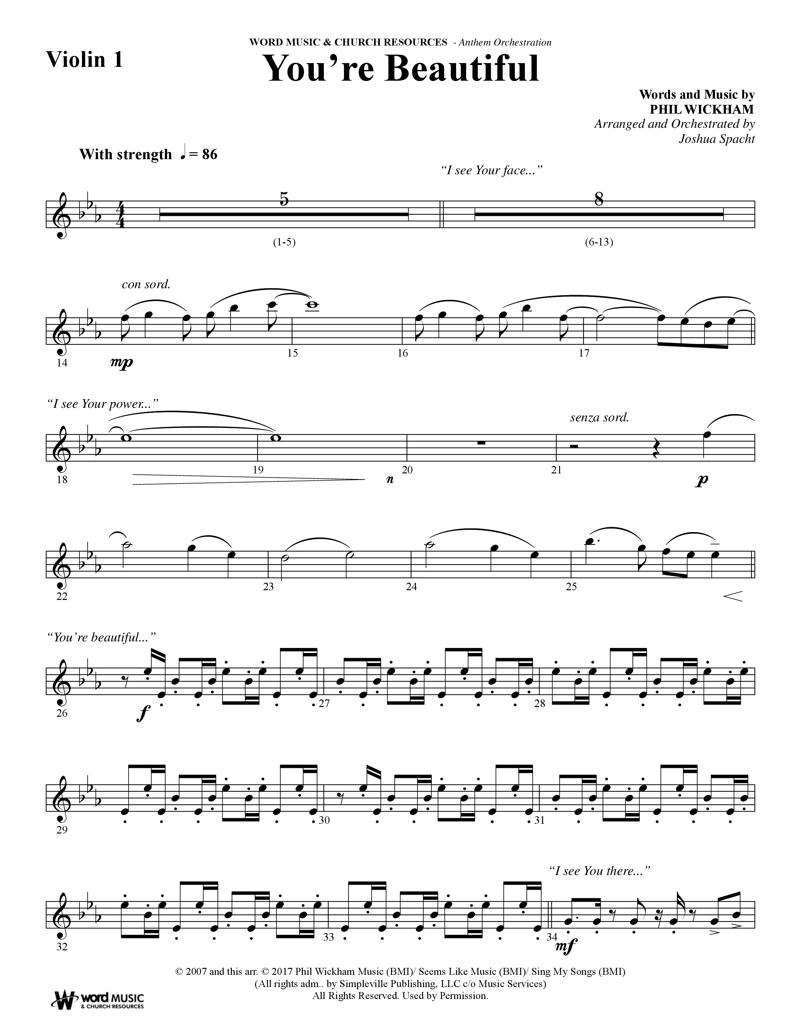 You're Beautiful (Choral Anthem SATB) Violin 1 (Word Music Choral / Arr. Joshua Spacht)
