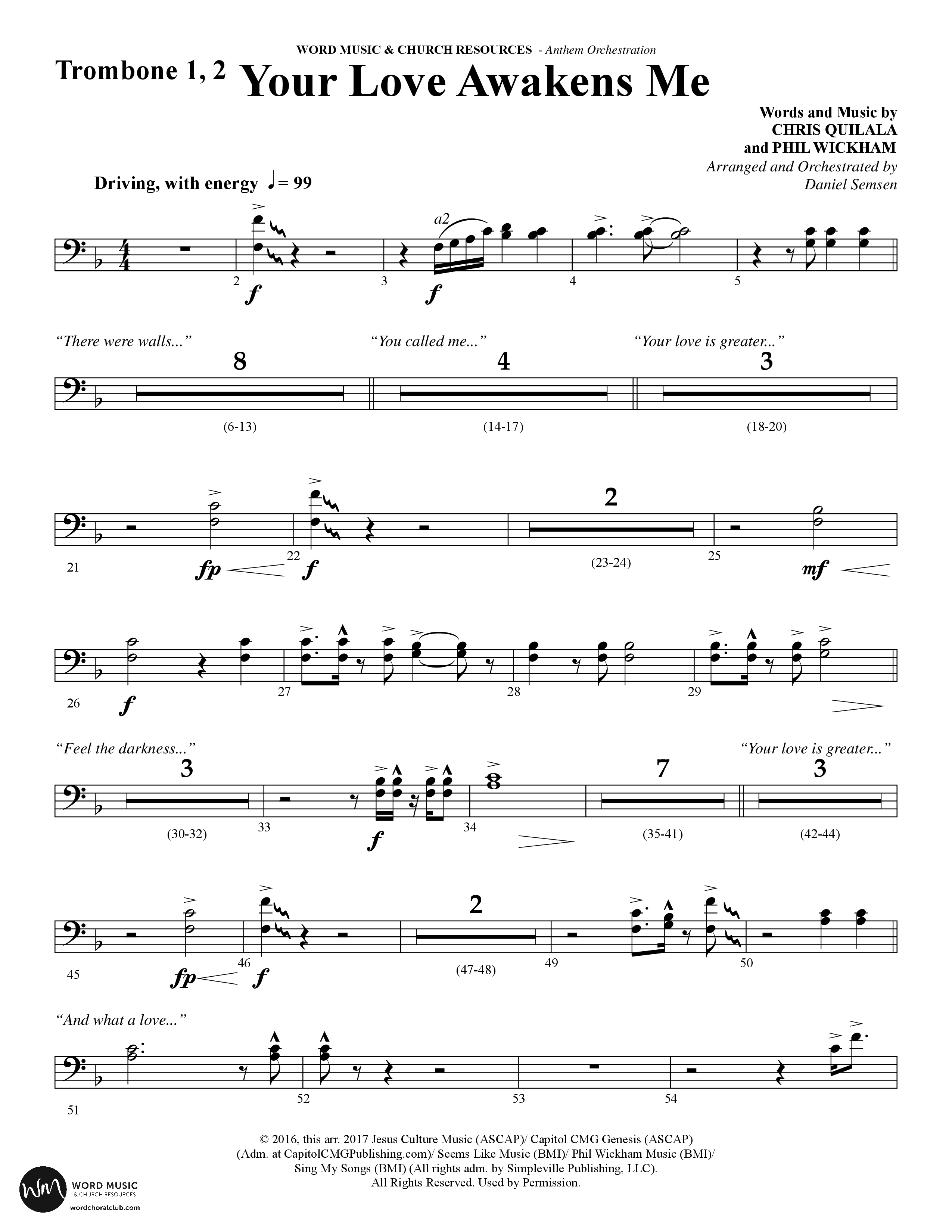 Your Love Awakens Me (Choral Anthem SATB) Trombone 1/2 (Word Music Choral / Arr. Daniel Semsen)