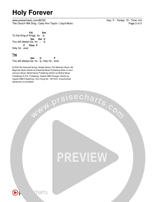 Holy Forever Chords & Lyrics (The Church Will Sing / Carly Ann Taylor / Lloyd Nicks)