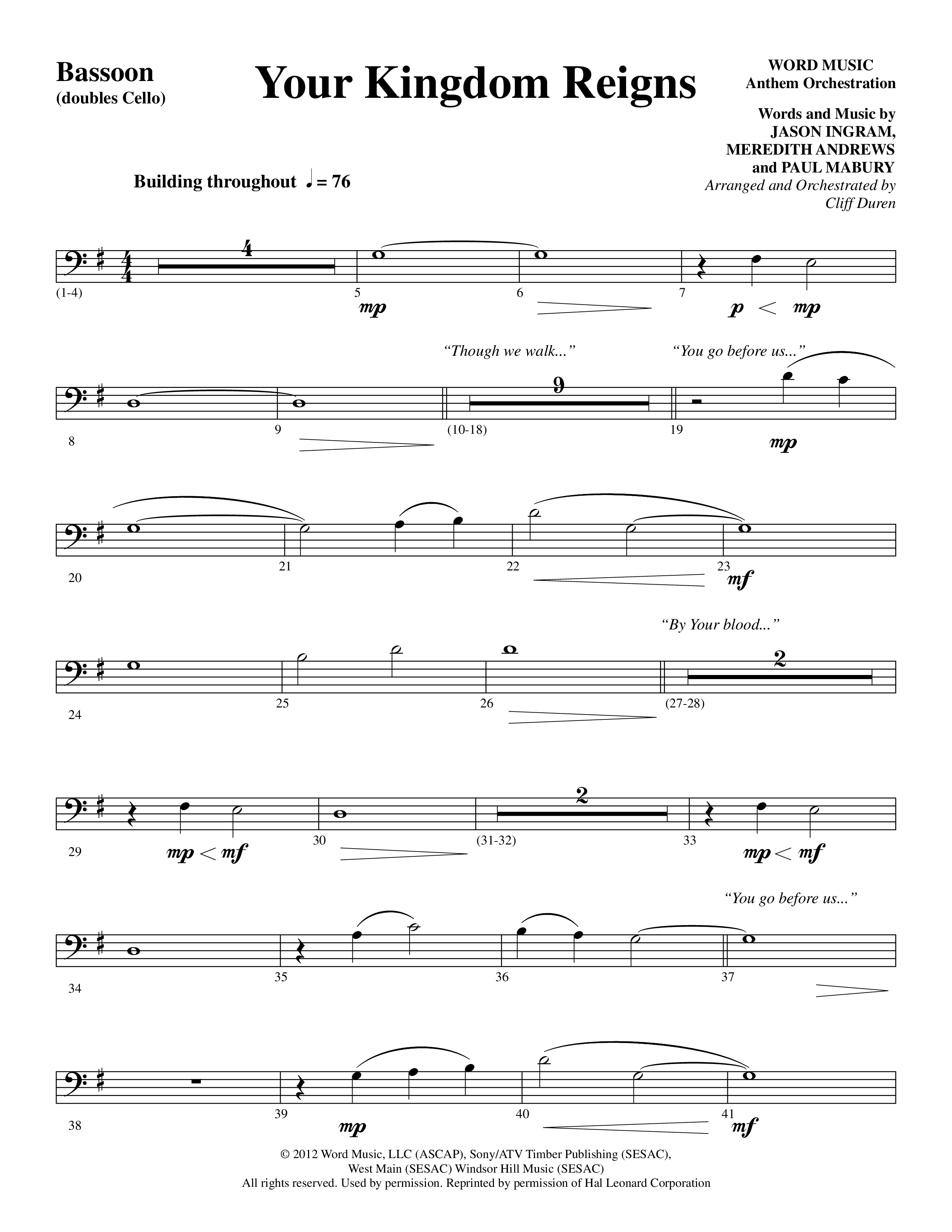 Your Kingdom Reigns (Choral Anthem SATB) Bassoon (Word Music Choral / Arr. Cliff Duren)