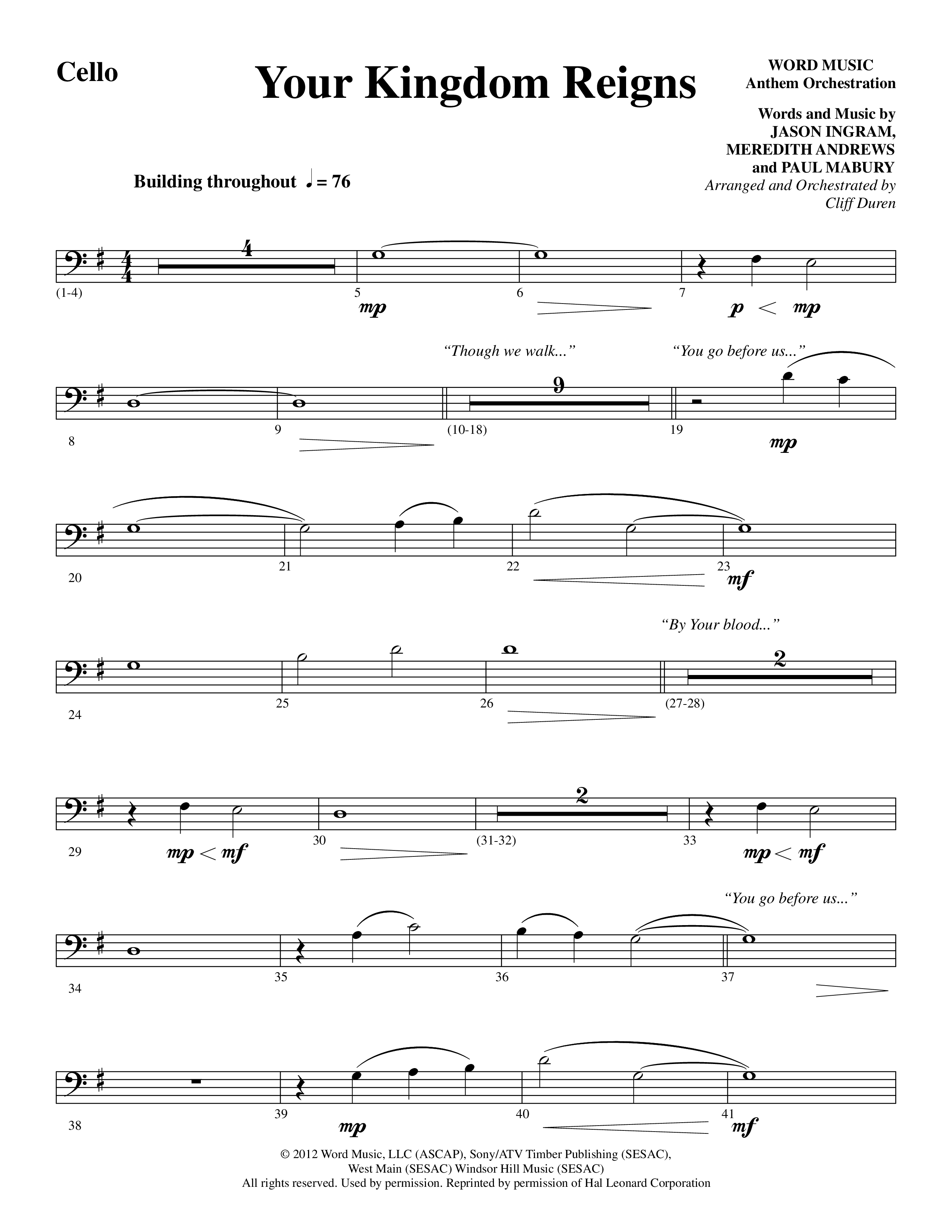 Your Kingdom Reigns (Choral Anthem SATB) Cello (Word Music Choral / Arr. Cliff Duren)