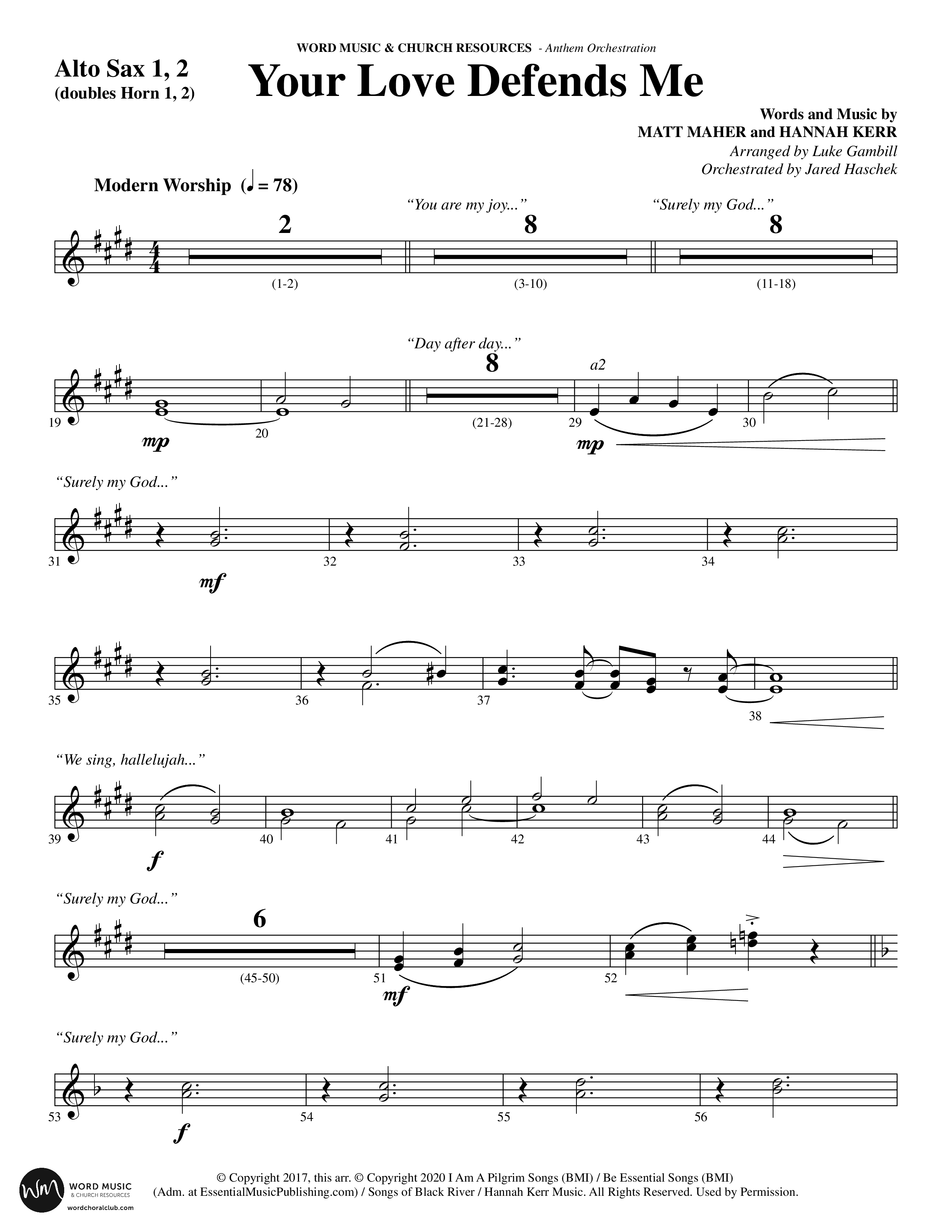 Your Love Defends Me (Choral Anthem SATB) Alto Sax 1/2 (Word Music Choral / Arr. Luke Gambill / Orch. Jared Haschek)