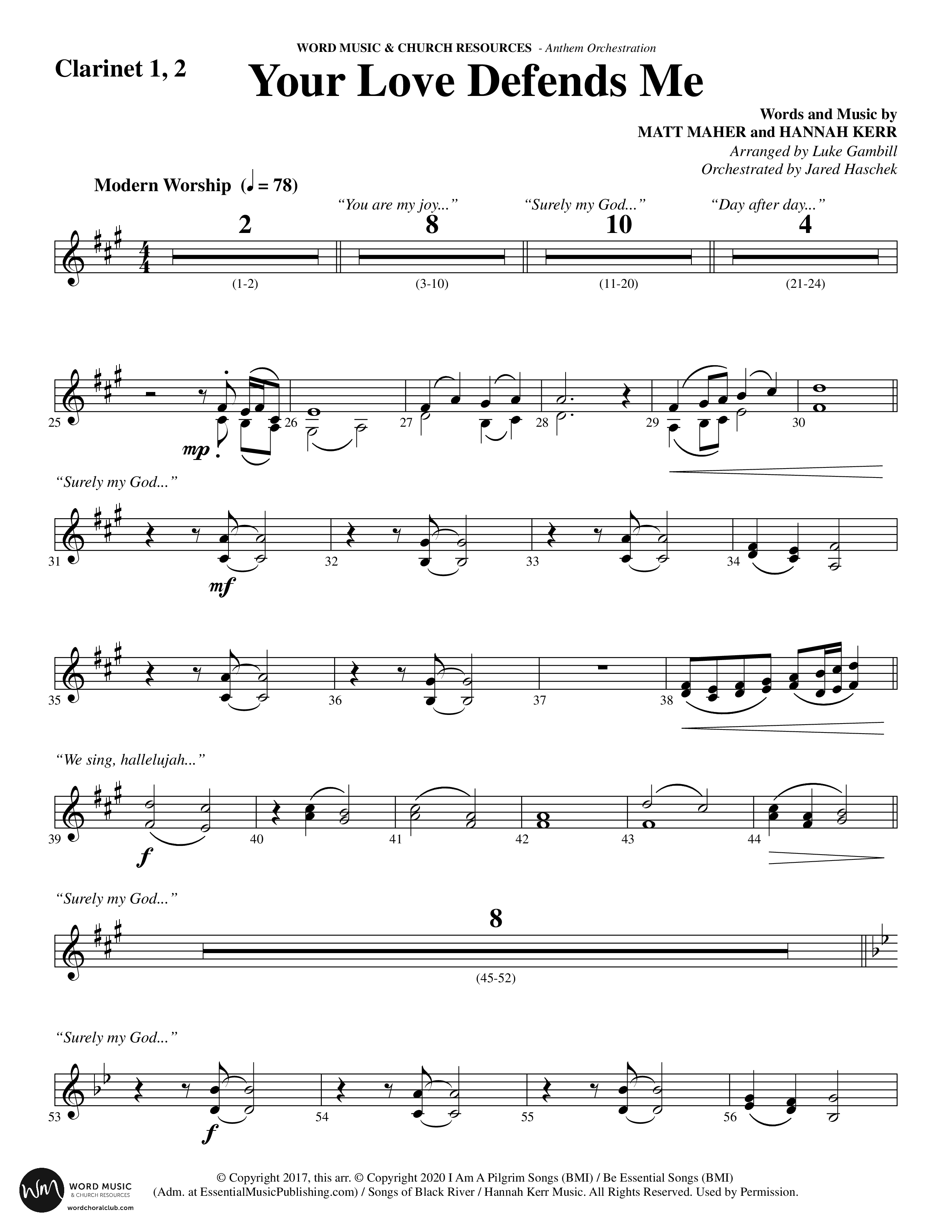 Your Love Defends Me (Choral Anthem SATB) Clarinet 1/2 (Word Music Choral / Arr. Luke Gambill / Orch. Jared Haschek)