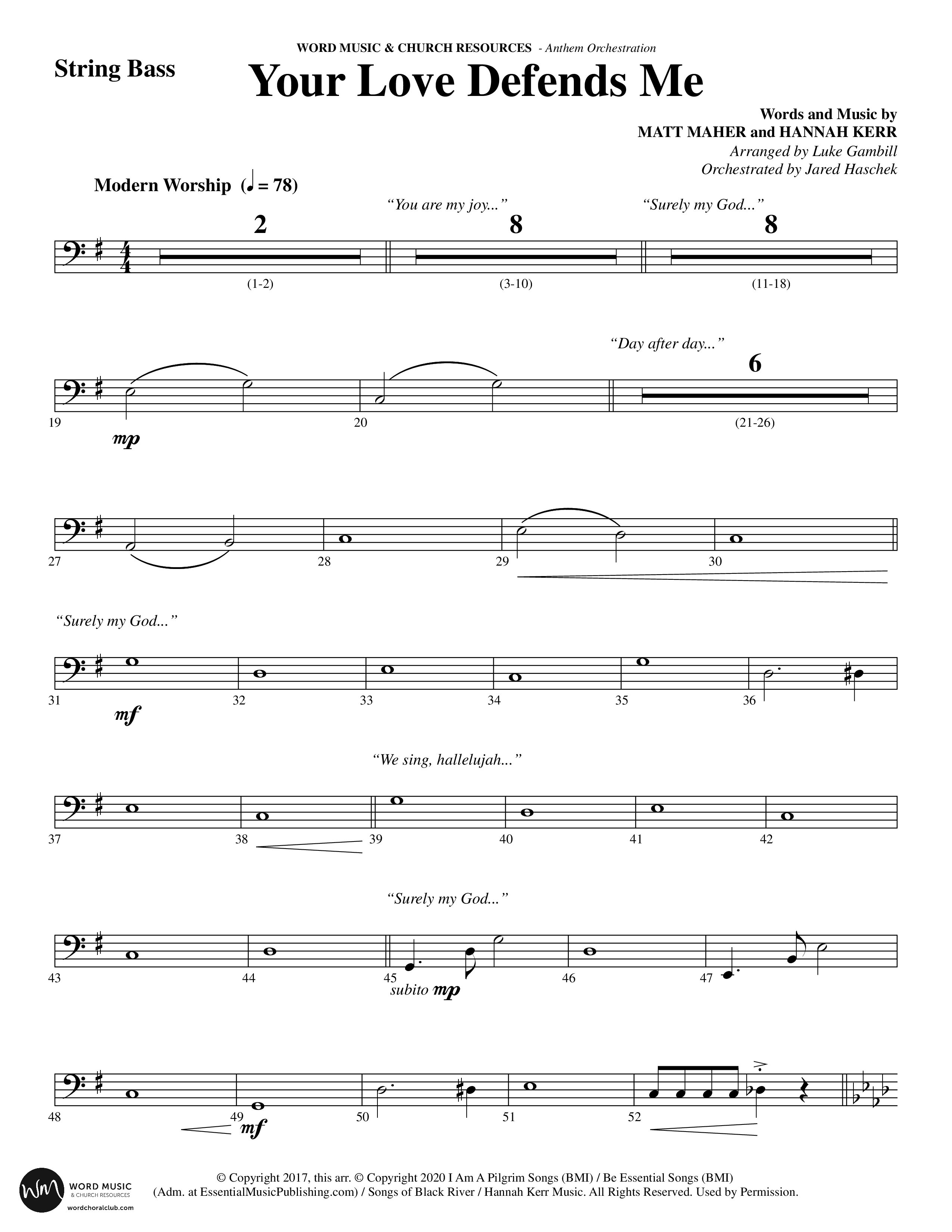 Your Love Defends Me (Choral Anthem SATB) String Bass (Word Music Choral / Arr. Luke Gambill / Orch. Jared Haschek)