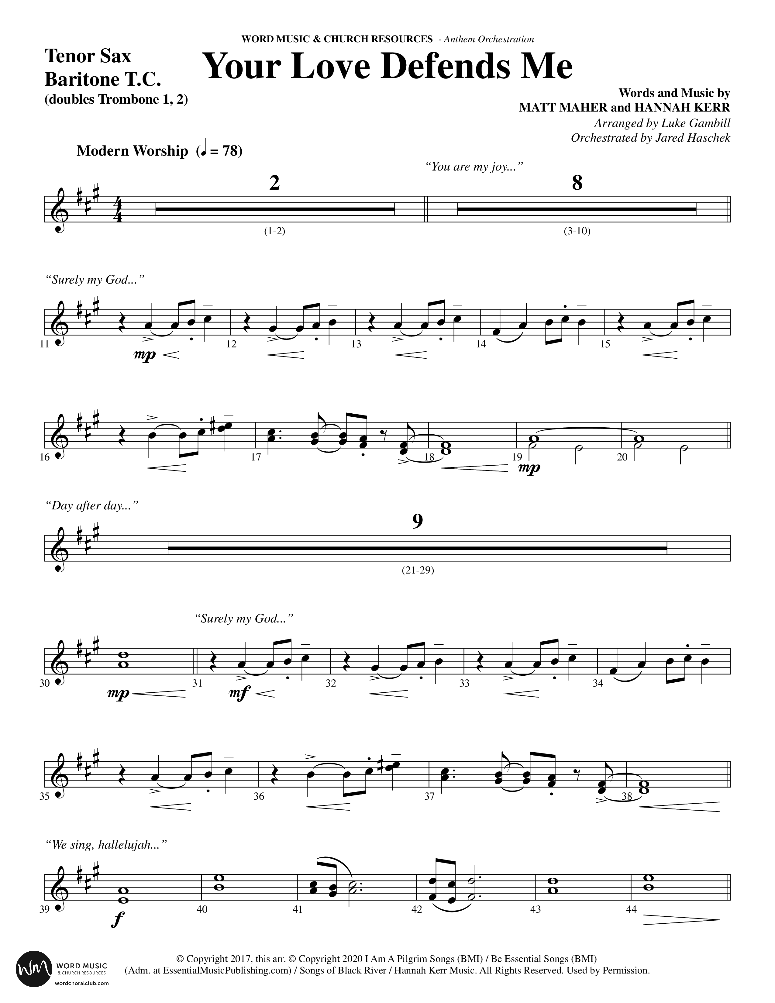 Your Love Defends Me (Choral Anthem SATB) Tenor Sax/Baritone T.C. (Word Music Choral / Arr. Luke Gambill / Orch. Jared Haschek)