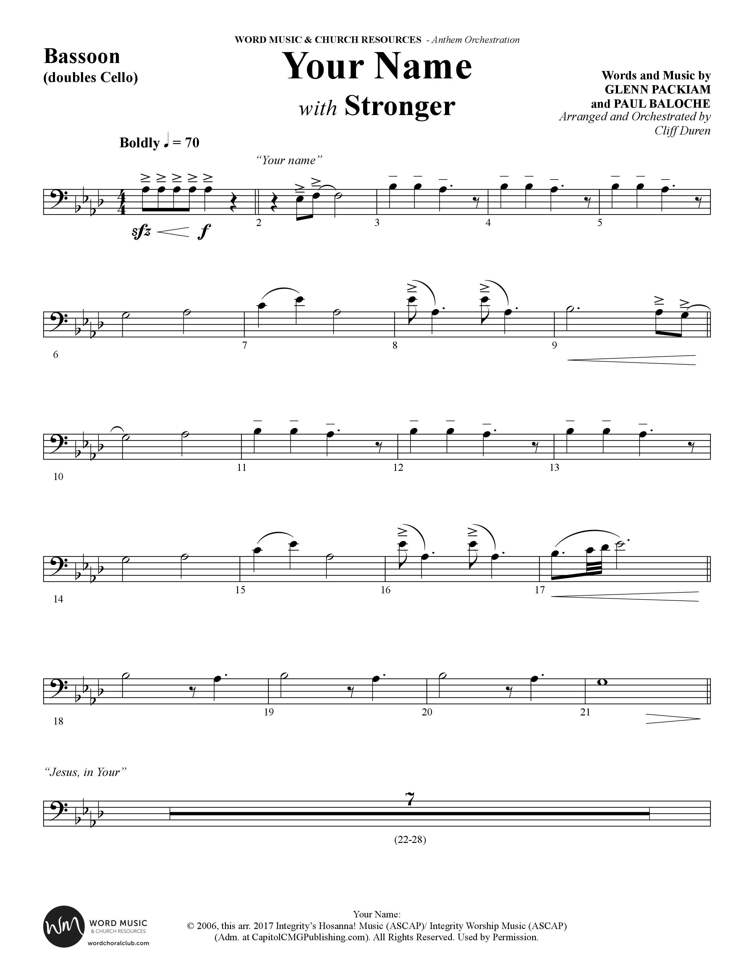 Your Name (with Stronger) (Choral Anthem SATB) Bassoon (Word Music Choral / Arr. Cliff Duren)