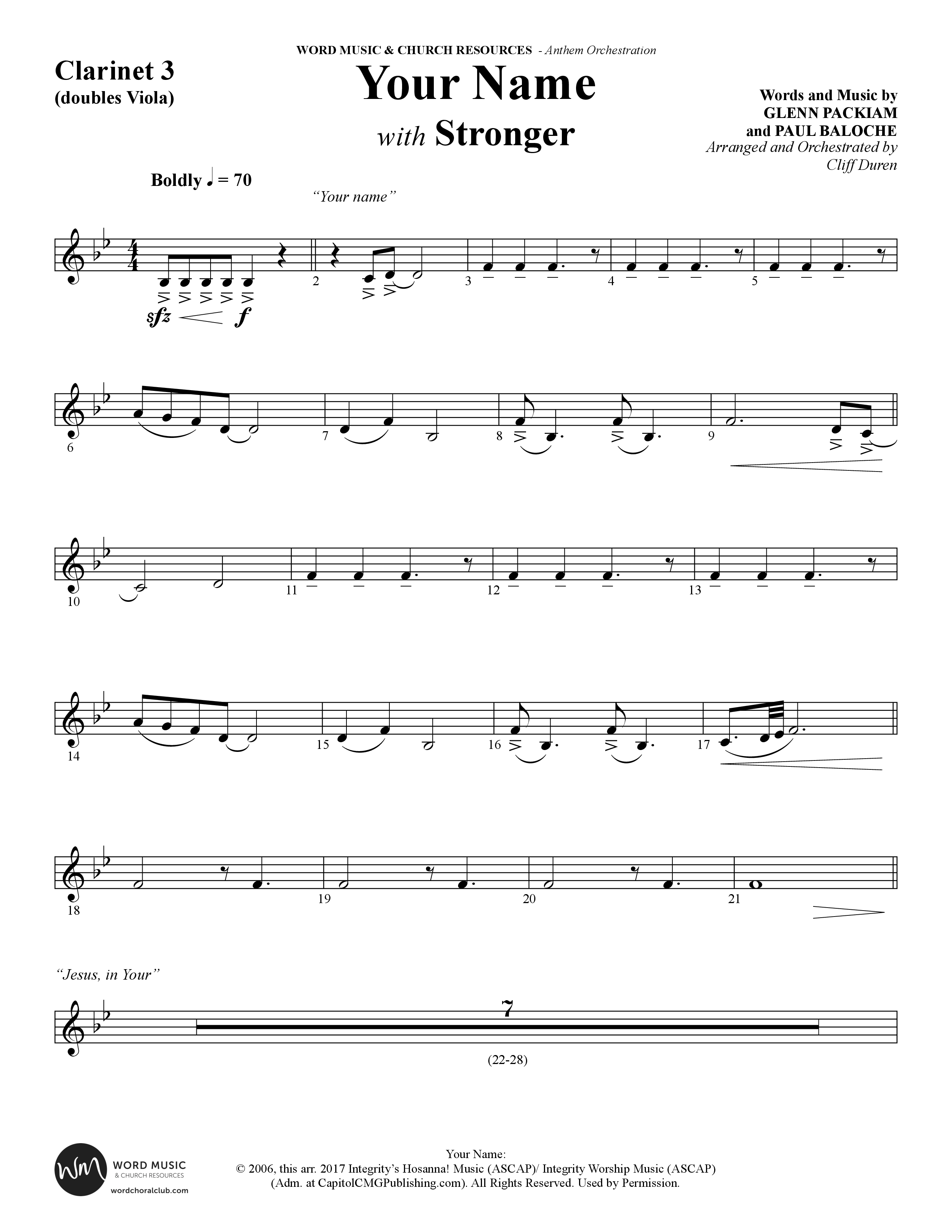 Your Name (with Stronger) (Choral Anthem SATB) Clarinet 3 (Word Music Choral / Arr. Cliff Duren)