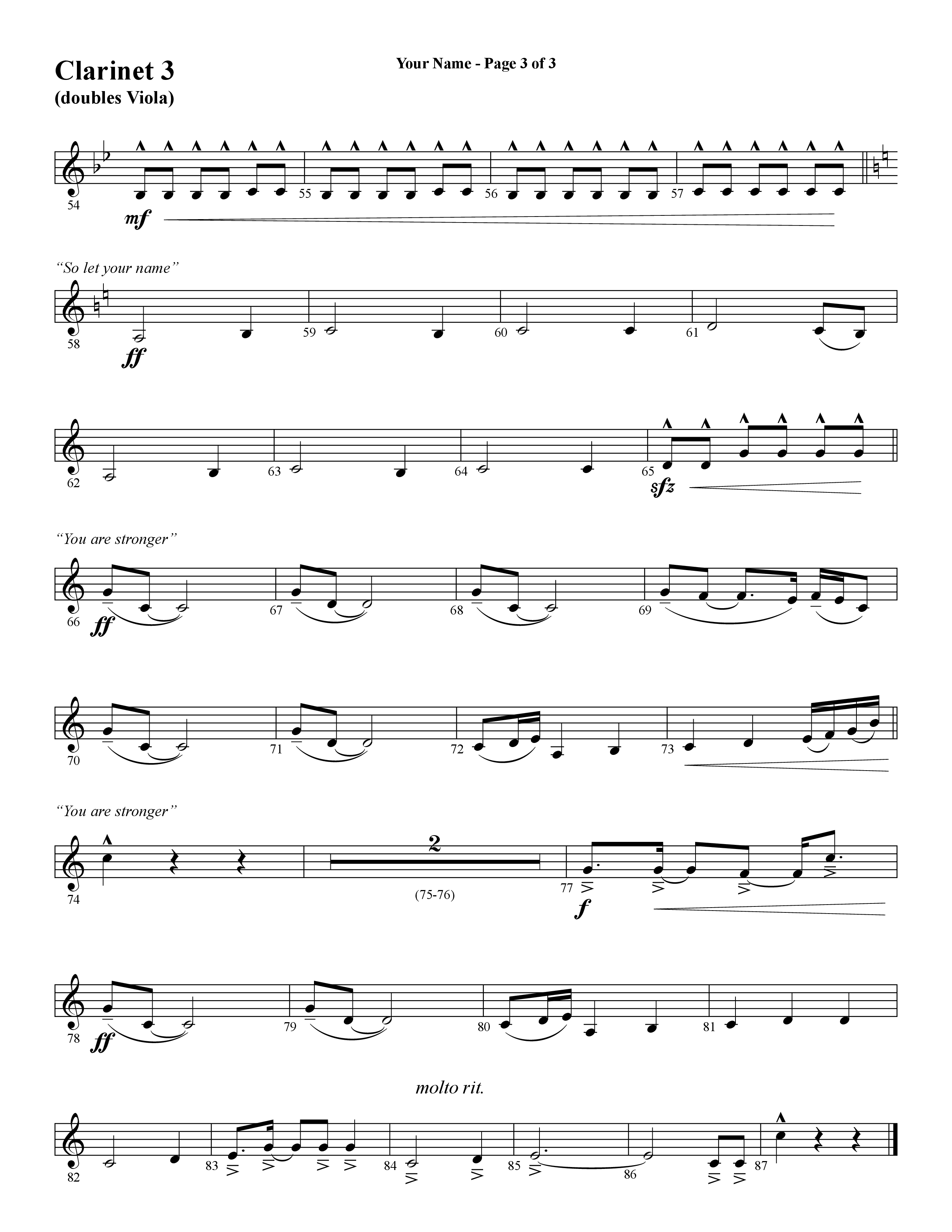 Your Name (with Stronger) (Choral Anthem SATB) Clarinet 3 (Word Music Choral / Arr. Cliff Duren)
